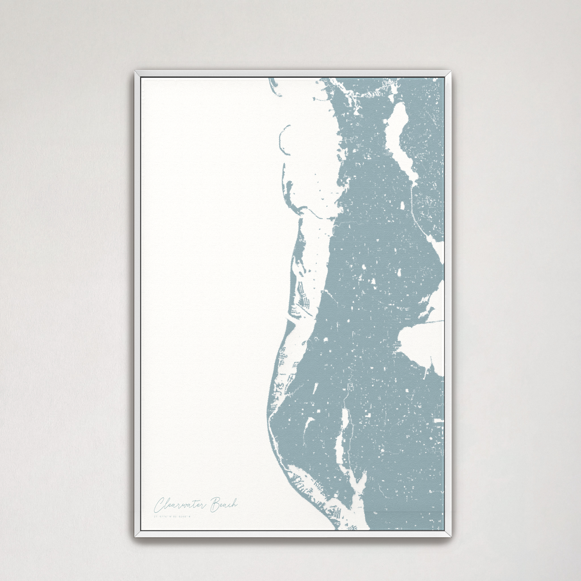 Clearwater Beach Coastal Map — Canvas Vertical, soft-blue, White Frame