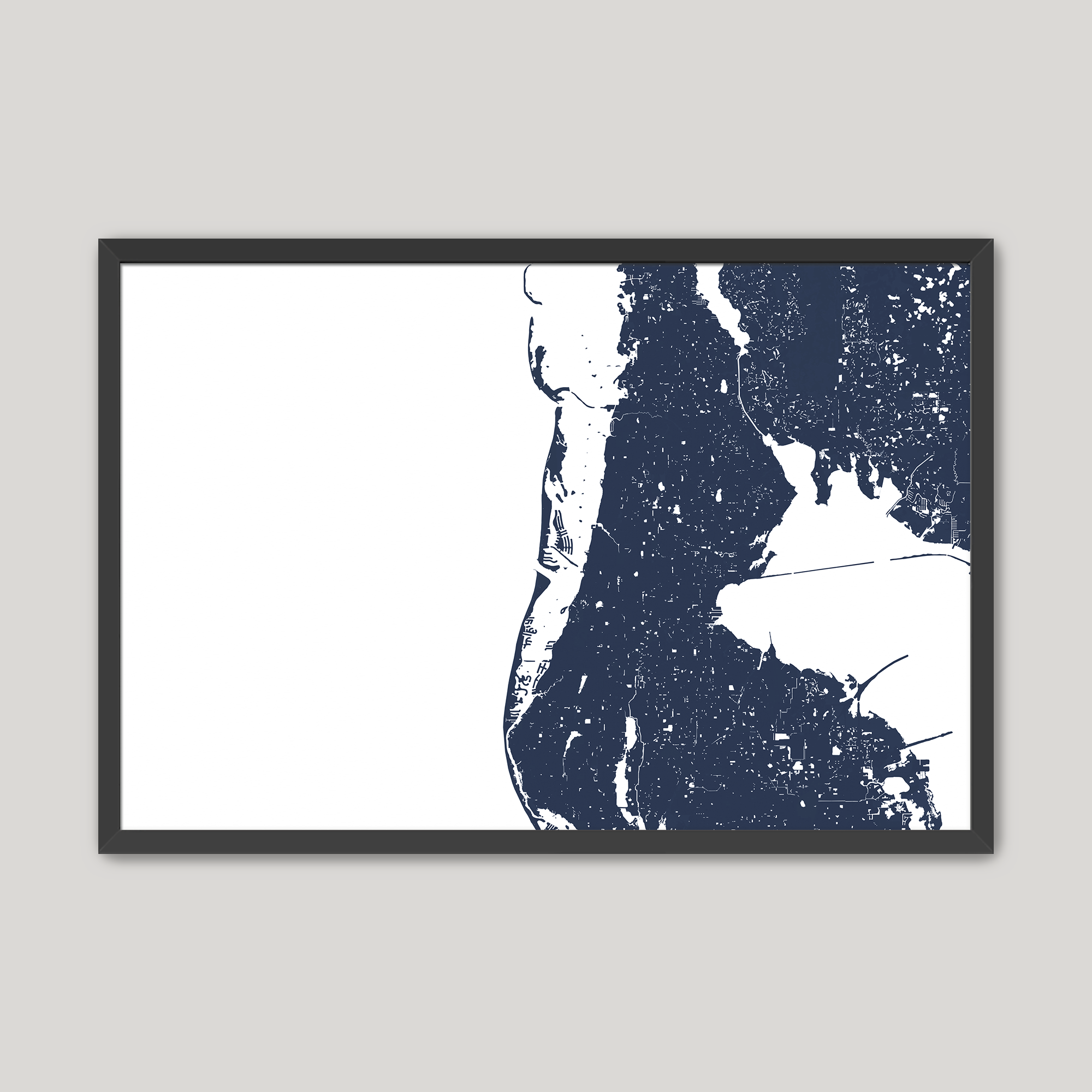 Clearwater Beach Coastal Map — Fine Art Print Horizontal, navy, Black Frame, 10x8