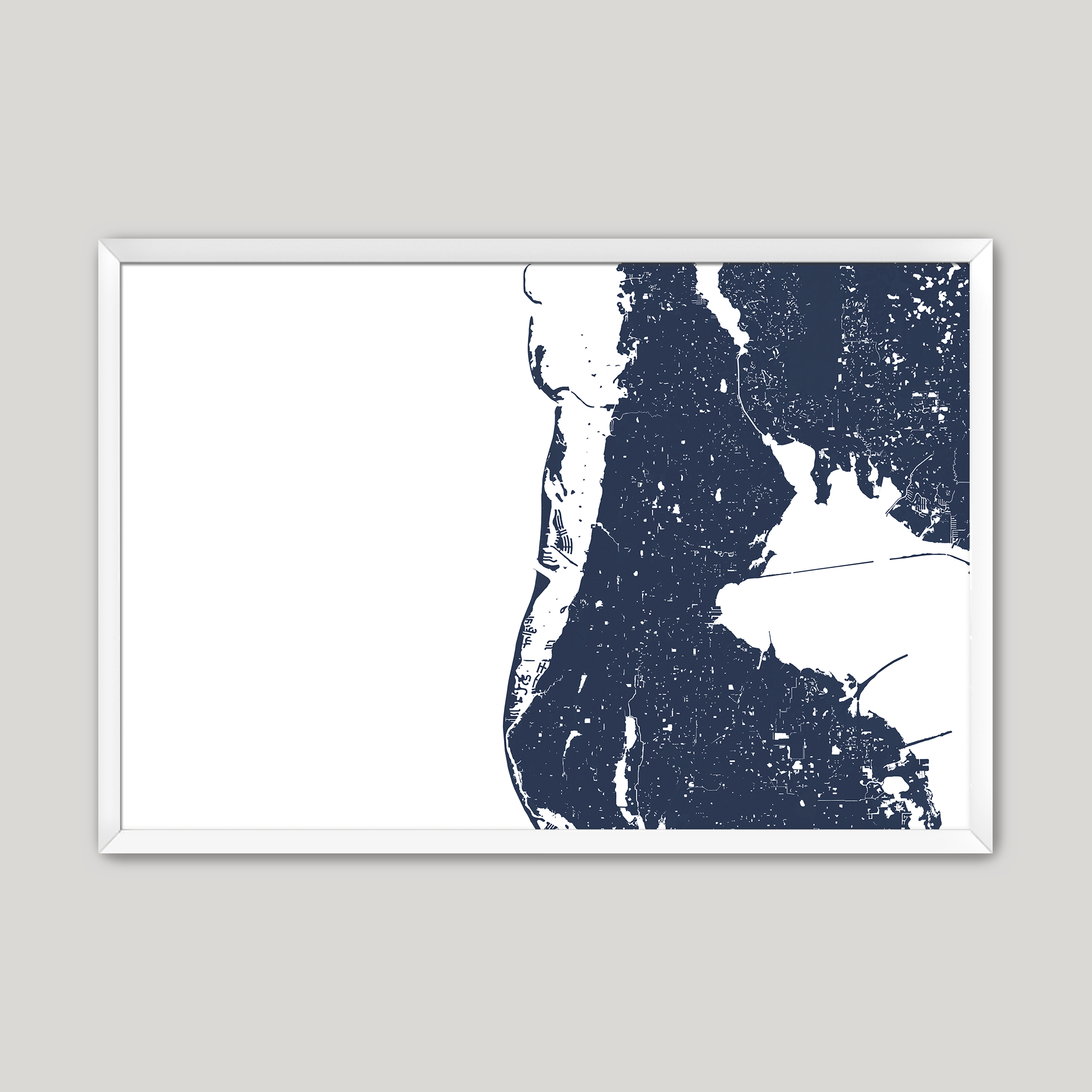 Clearwater Beach Coastal Map — Fine Art Print Horizontal, navy, White Frame, 10x8
