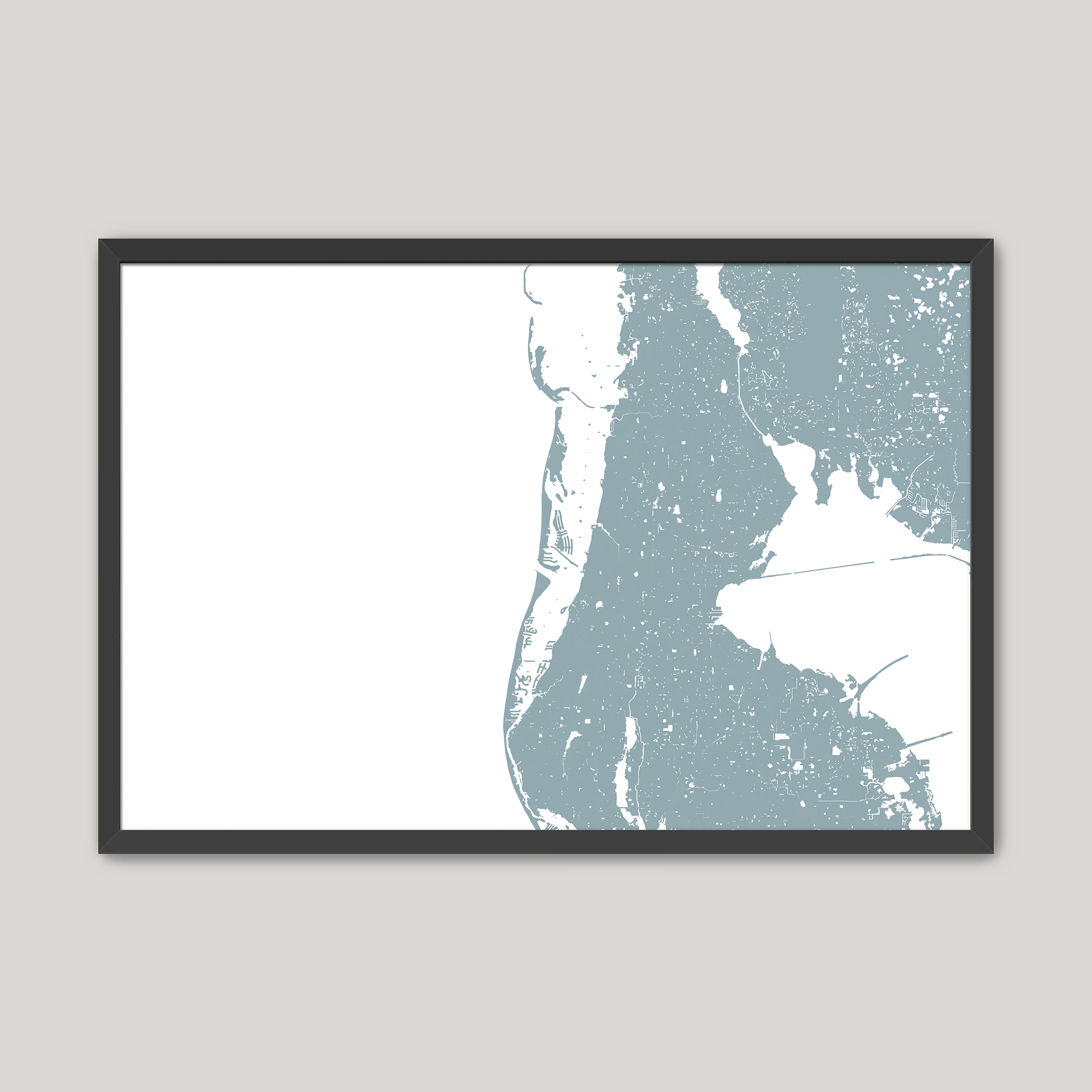 Clearwater Beach Coastal Map — Fine Art Print Horizontal, soft-blue, Black Frame, 10x8