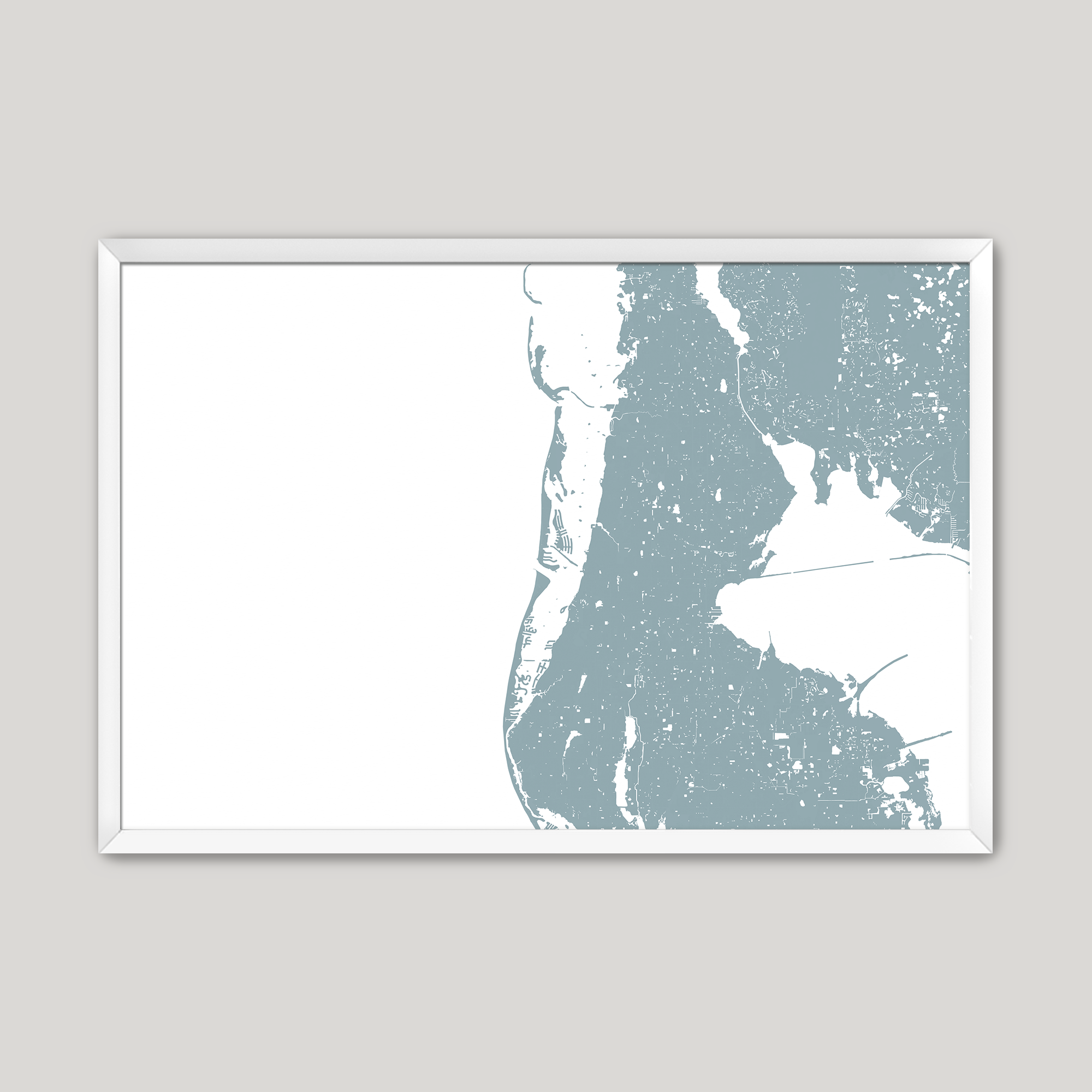 Clearwater Beach Coastal Map — Fine Art Print Horizontal, soft-blue, White Frame, 10x8