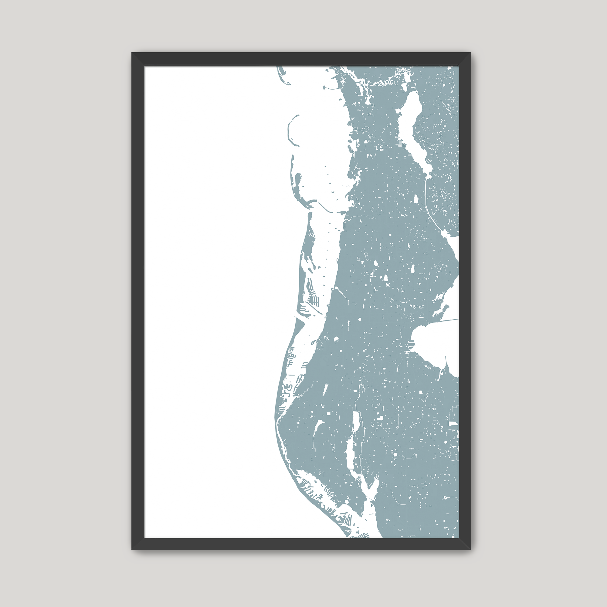 Clearwater Beach Coastal Map — Fine Art Print Vertical, soft-blue, Black Frame, 8x10