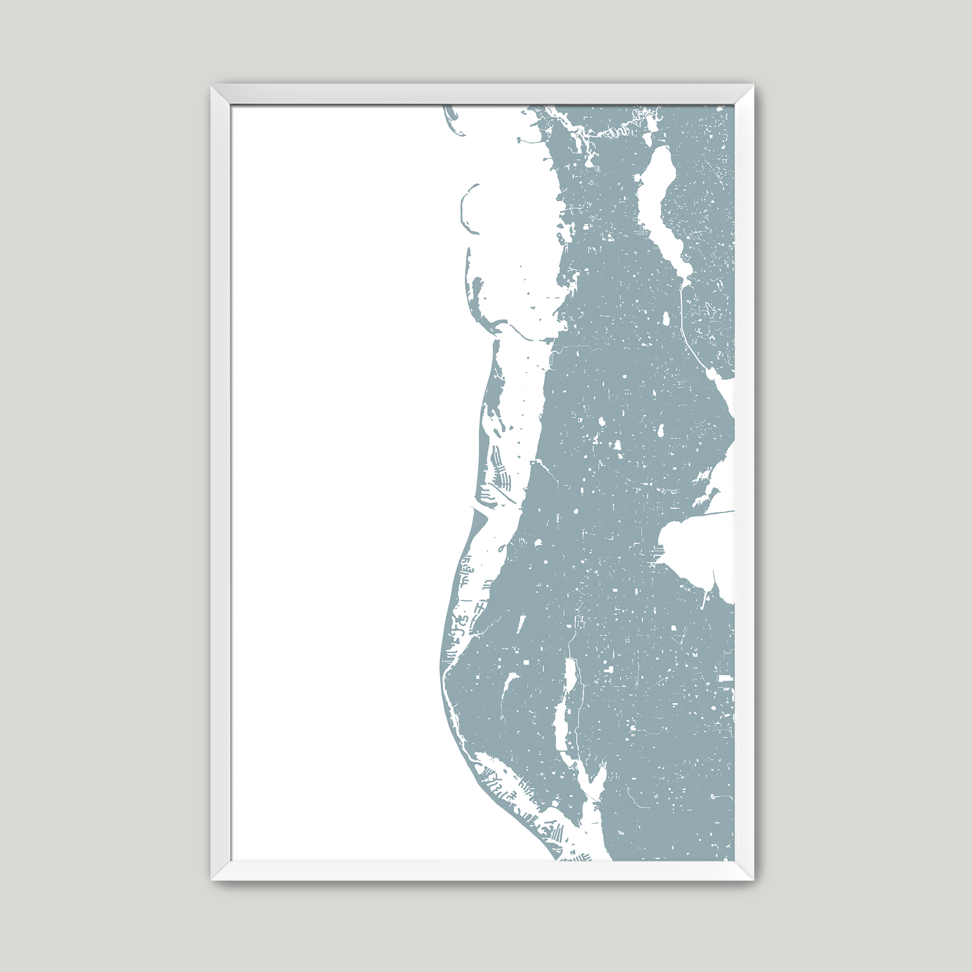 Clearwater Beach Coastal Map — Fine Art Print Vertical, soft-blue, White Frame, 8x10