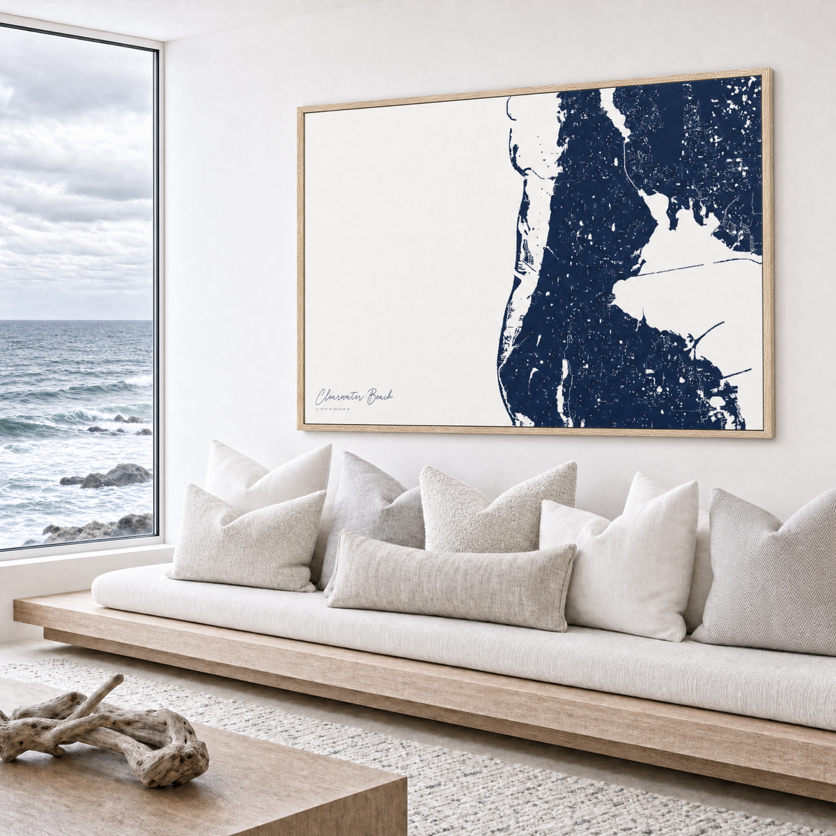 Clearwater Beach canvas map — sea-view bench interior