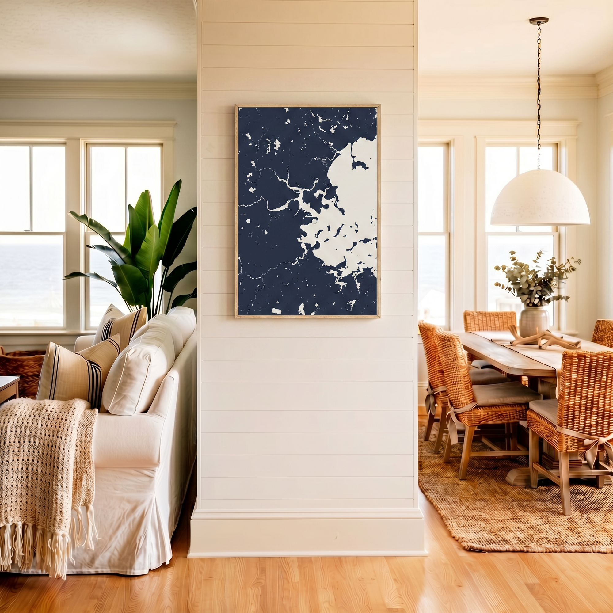 Boston canvas map art in coastal setting