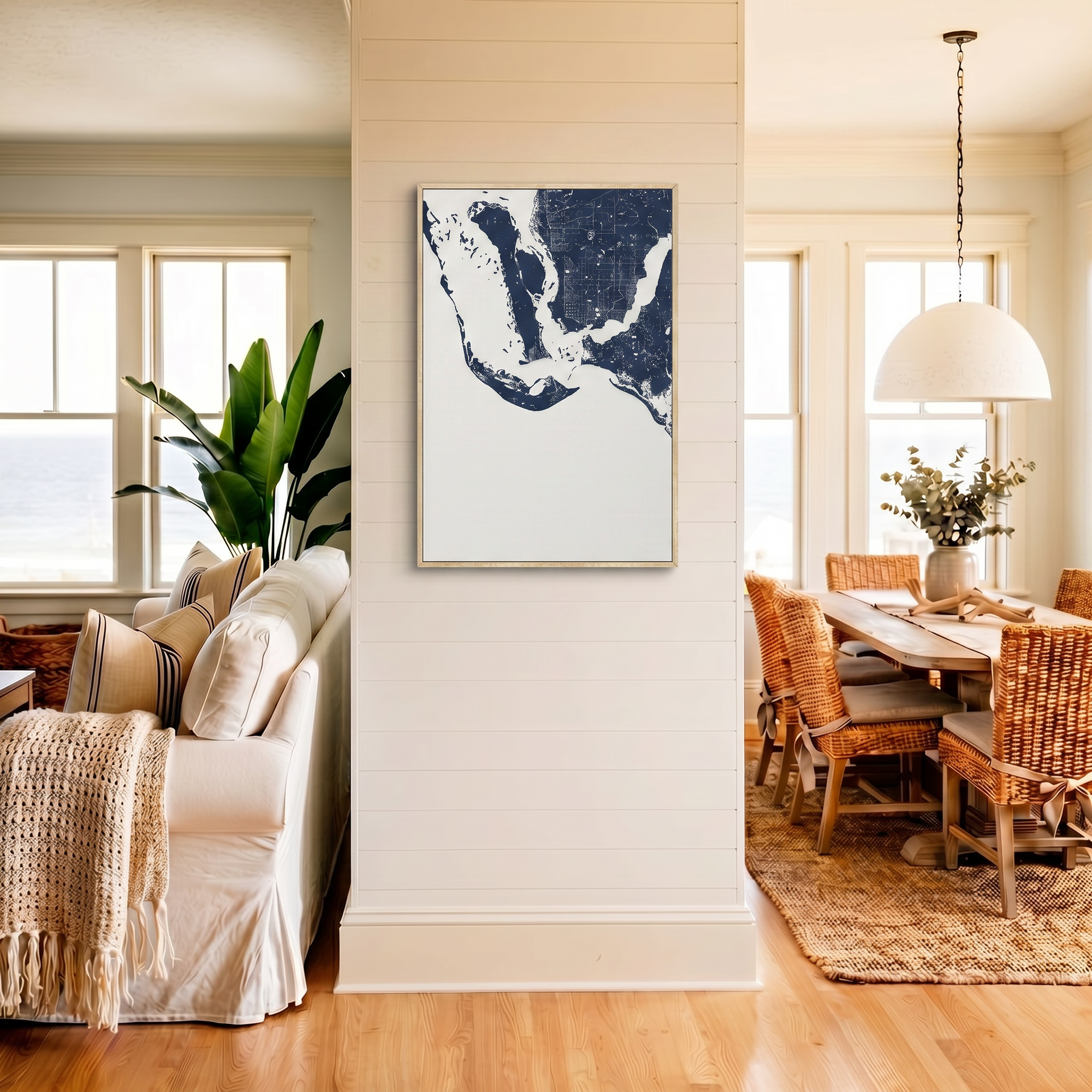 Sanibel canvas map art in coastal setting