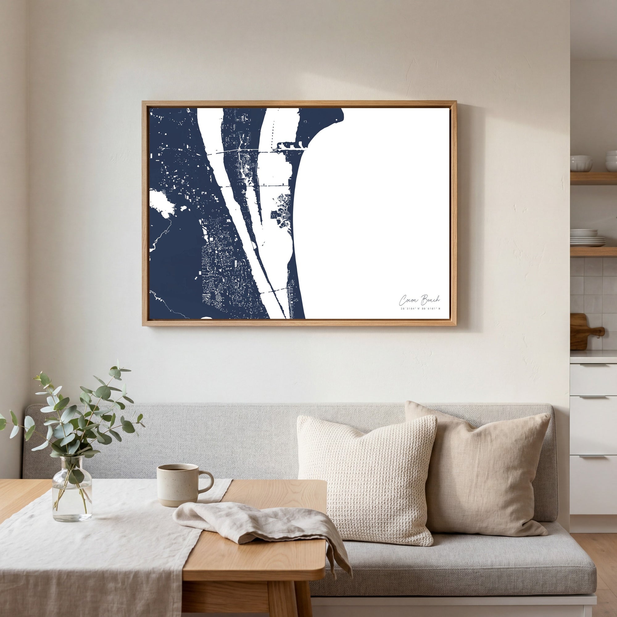 Cocoa Beach navy horizontal canvas map in an oak framed room scene