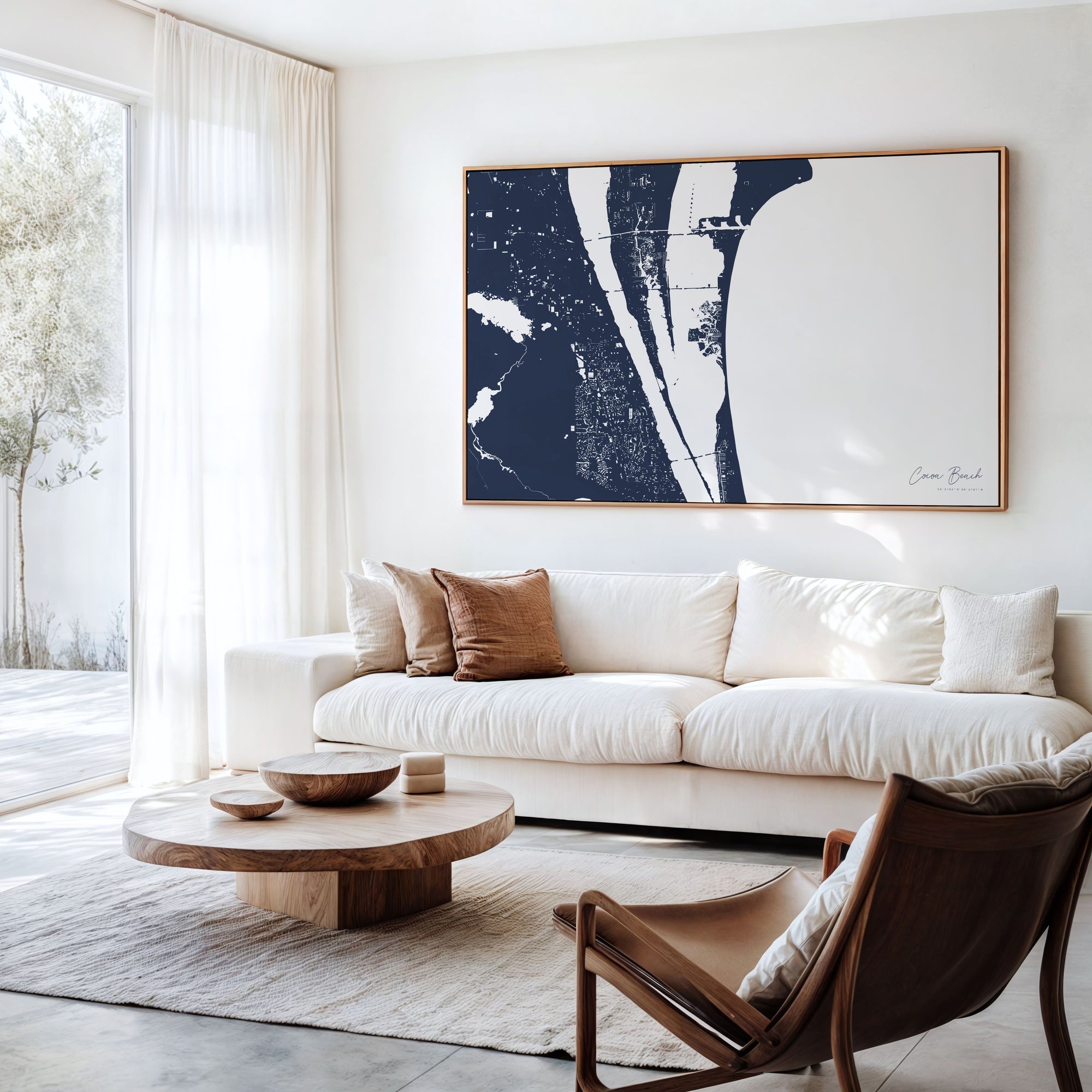 Cocoa Beach navy horizontal canvas map in an oak framed room scene