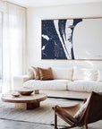 Cocoa Beach navy horizontal canvas map in an oak framed room scene
