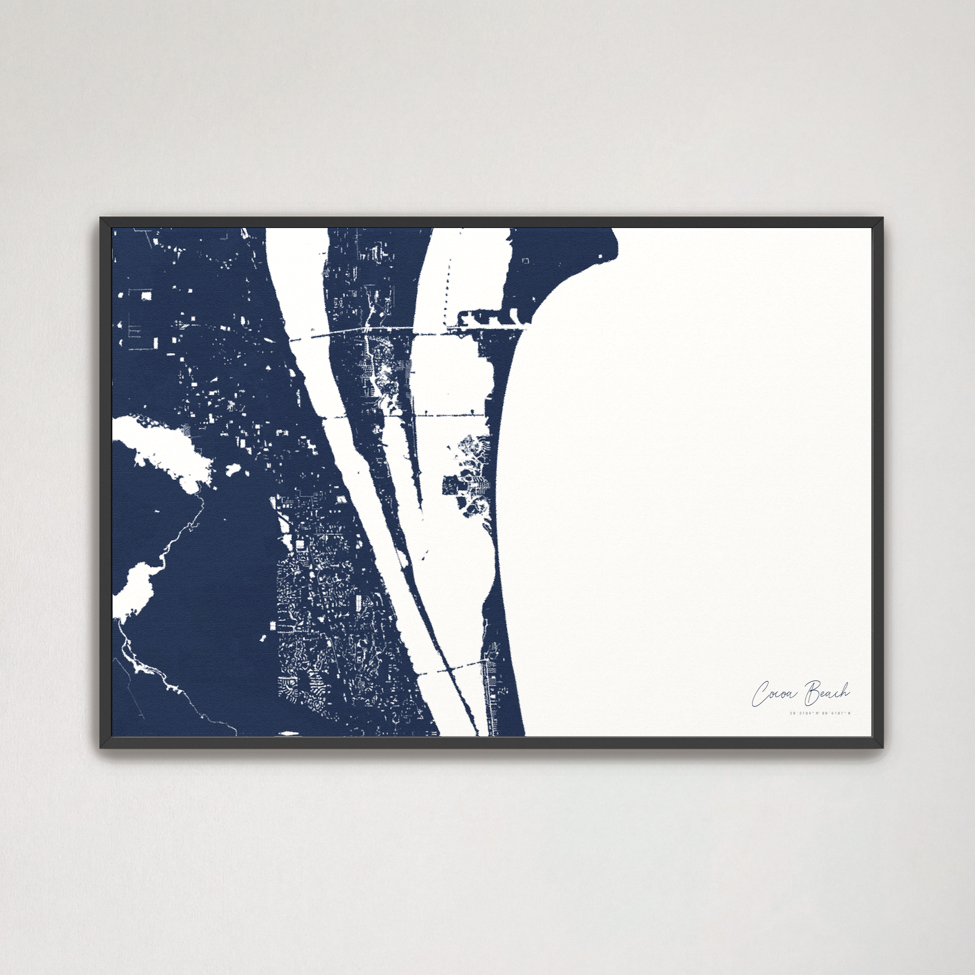 Cocoa Beach Coastal Map — Canvas Horizontal, navy, Black Frame