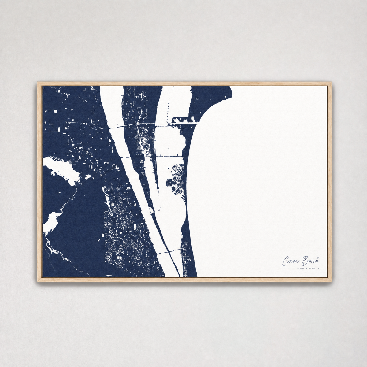 Cocoa Beach Coastal Map — Canvas Horizontal — navy, Light Wood