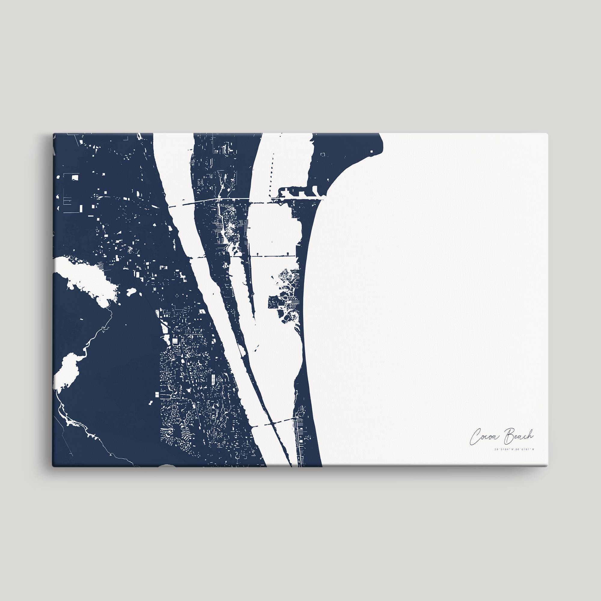Cocoa Beach Coastal Map — Canvas Horizontal, navy, No Frame