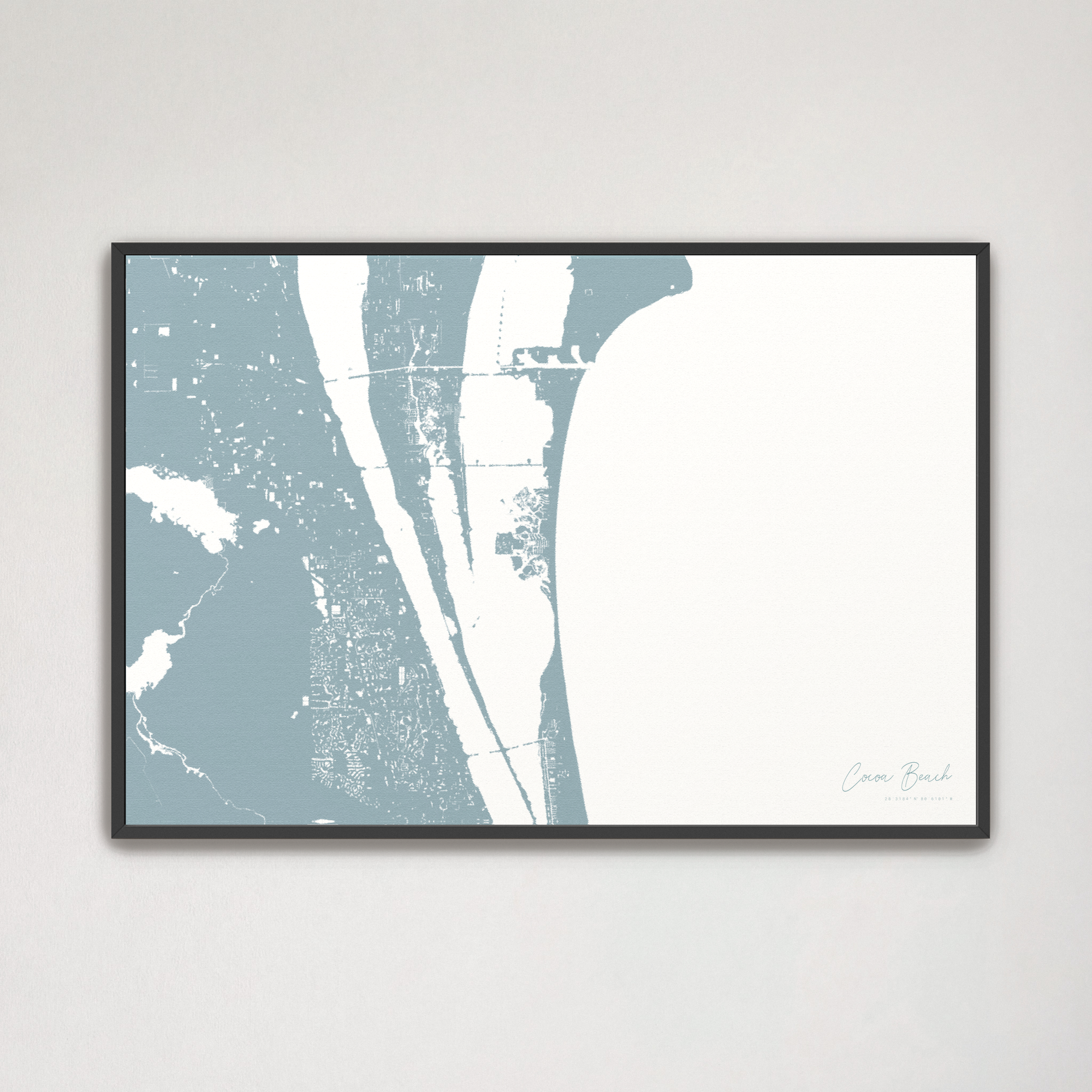 Cocoa Beach Coastal Map — Canvas Horizontal, soft-blue, Black Frame