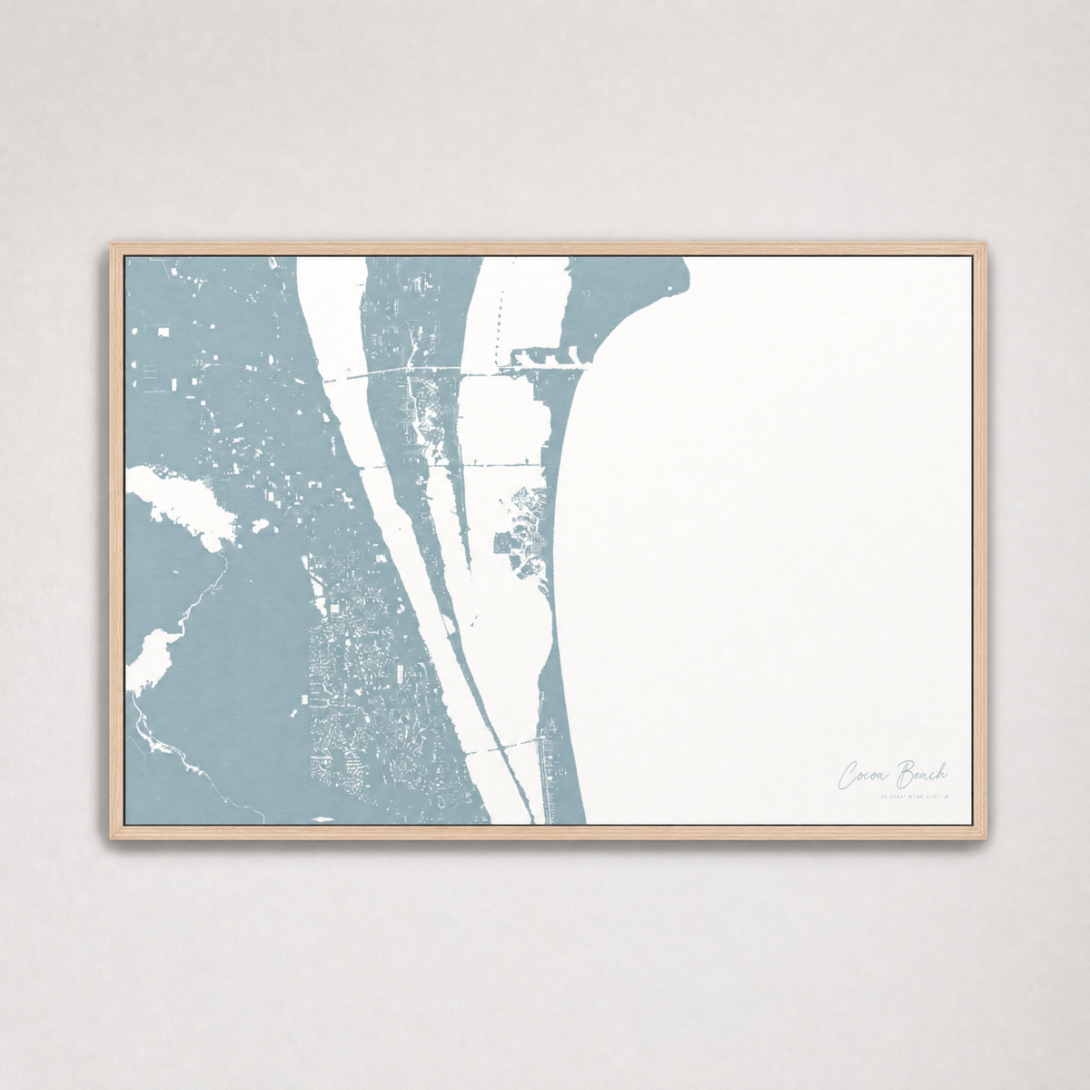 Cocoa Beach Coastal Map — Canvas Horizontal — soft-blue, Light Wood