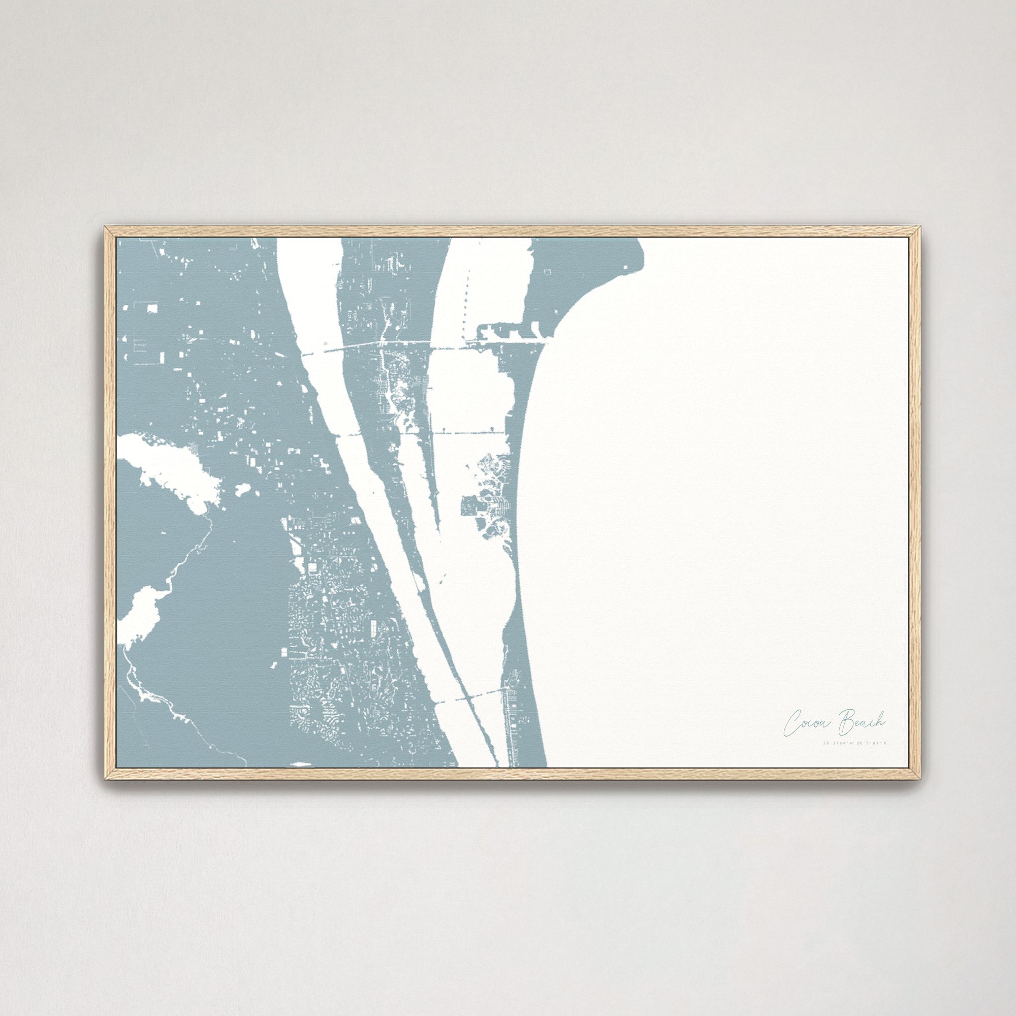 Cocoa Beach Coastal Map — Canvas Horizontal, soft-blue, Natural Oak