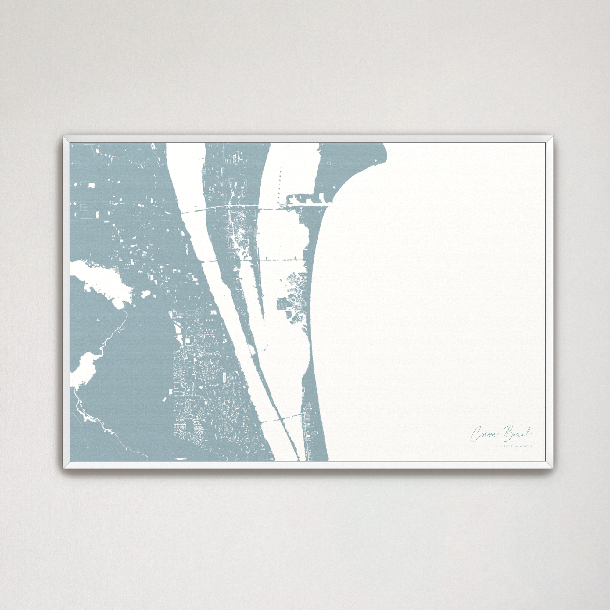 Cocoa Beach Coastal Map — Canvas Horizontal, soft-blue, White Frame