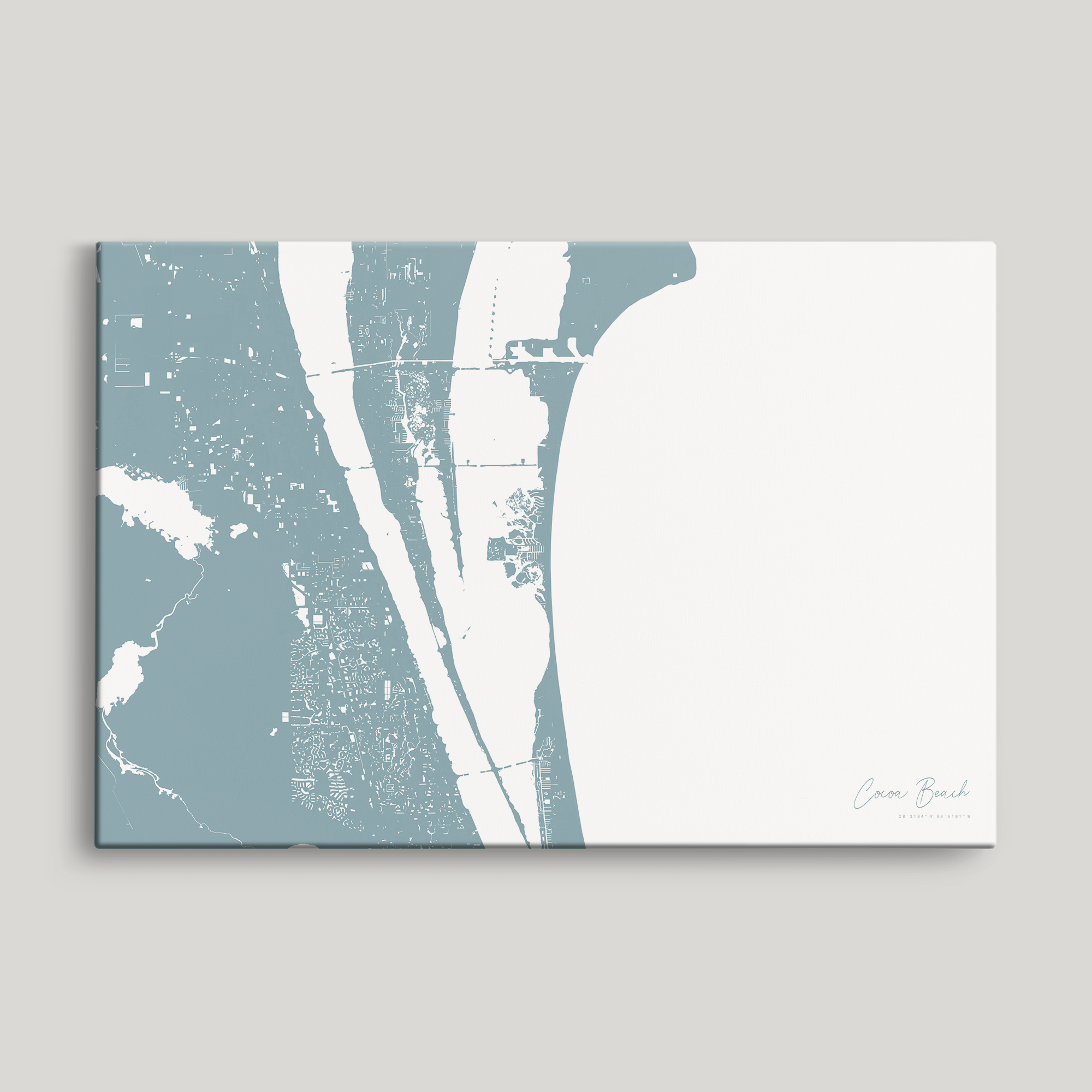 Cocoa Beach Coastal Map — Canvas Horizontal, soft-blue, No Frame