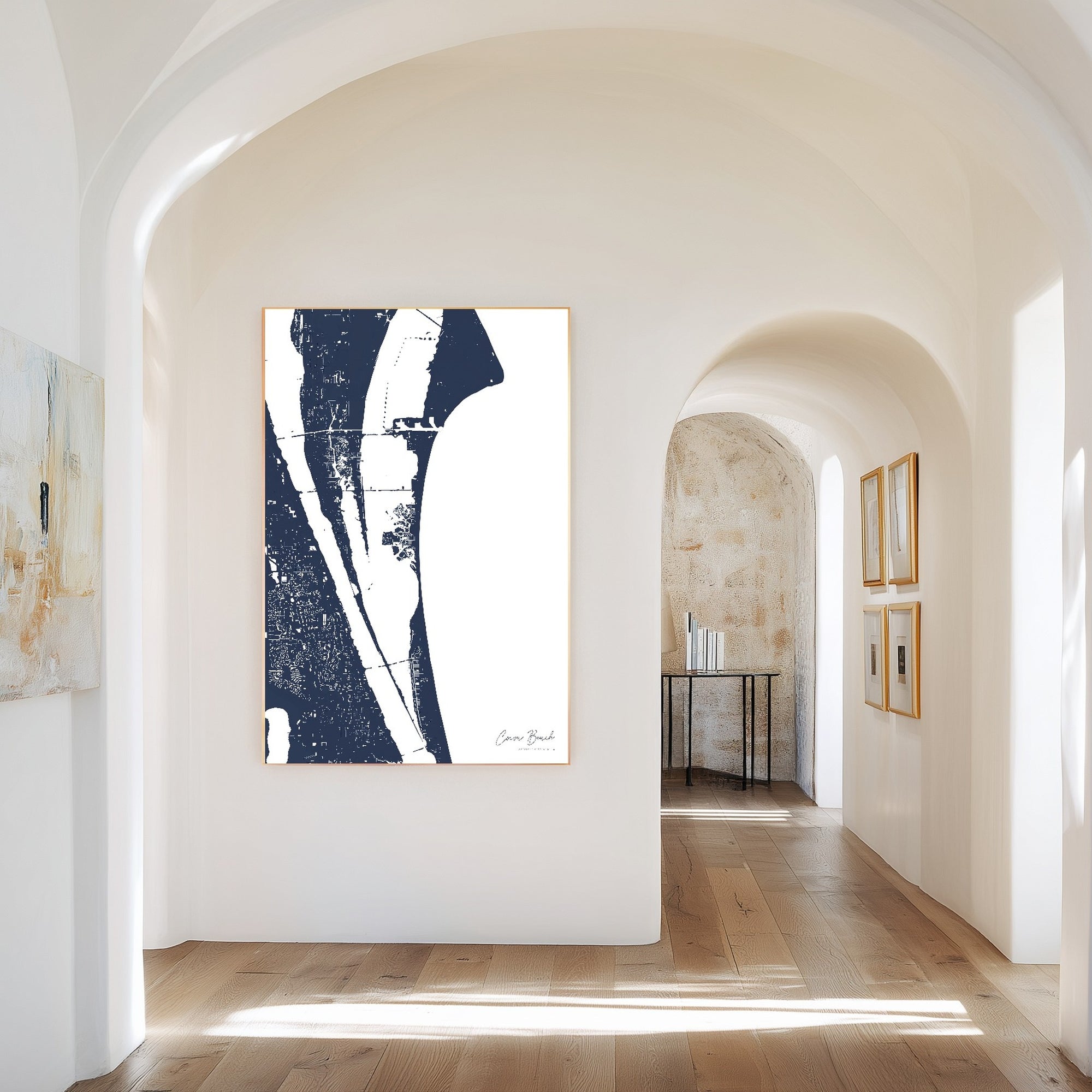 Cocoa Beach navy vertical canvas map in the Bello mixed room scene