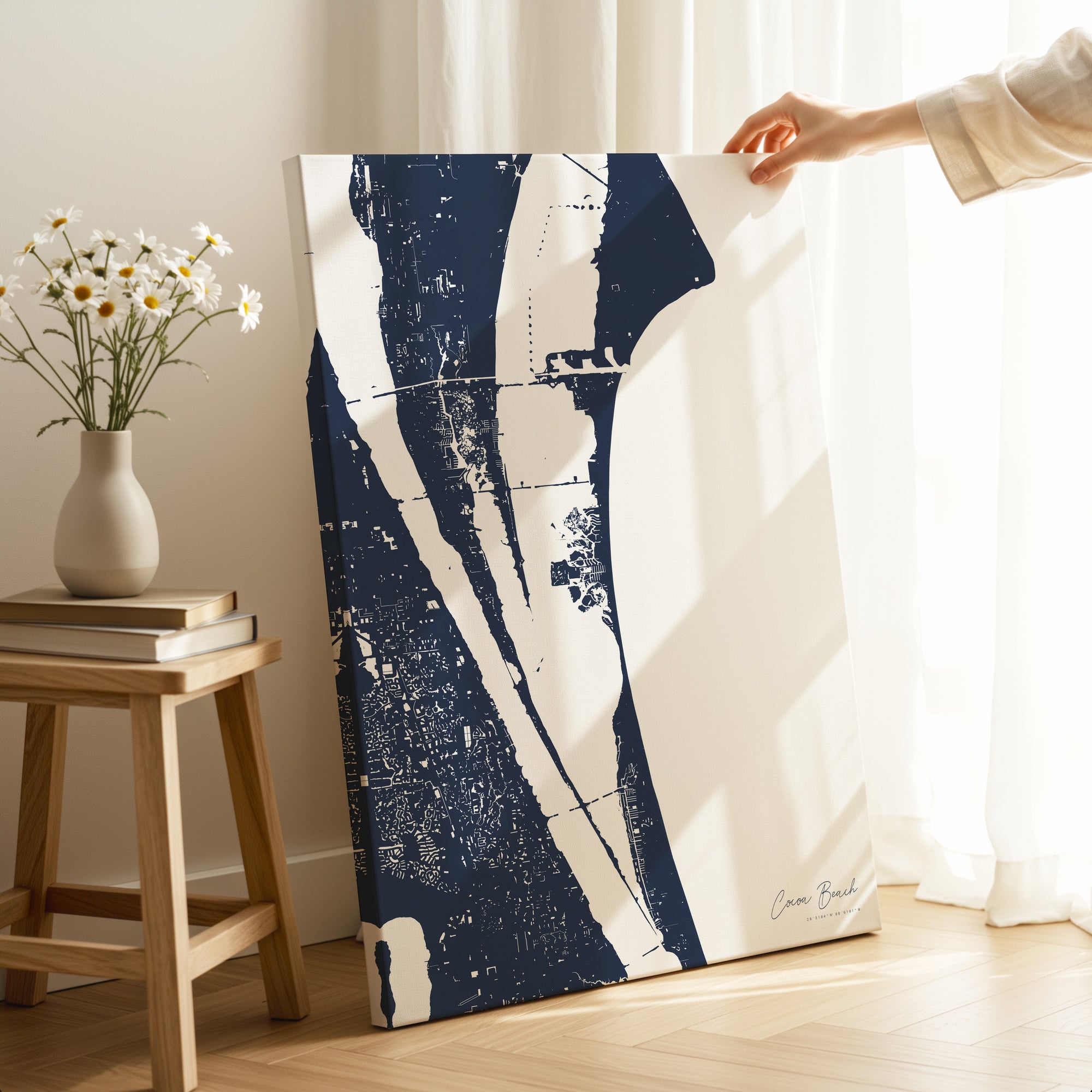 Cocoa Beach navy vertical wrapped canvas map in the ratio 2:3 hand mockup