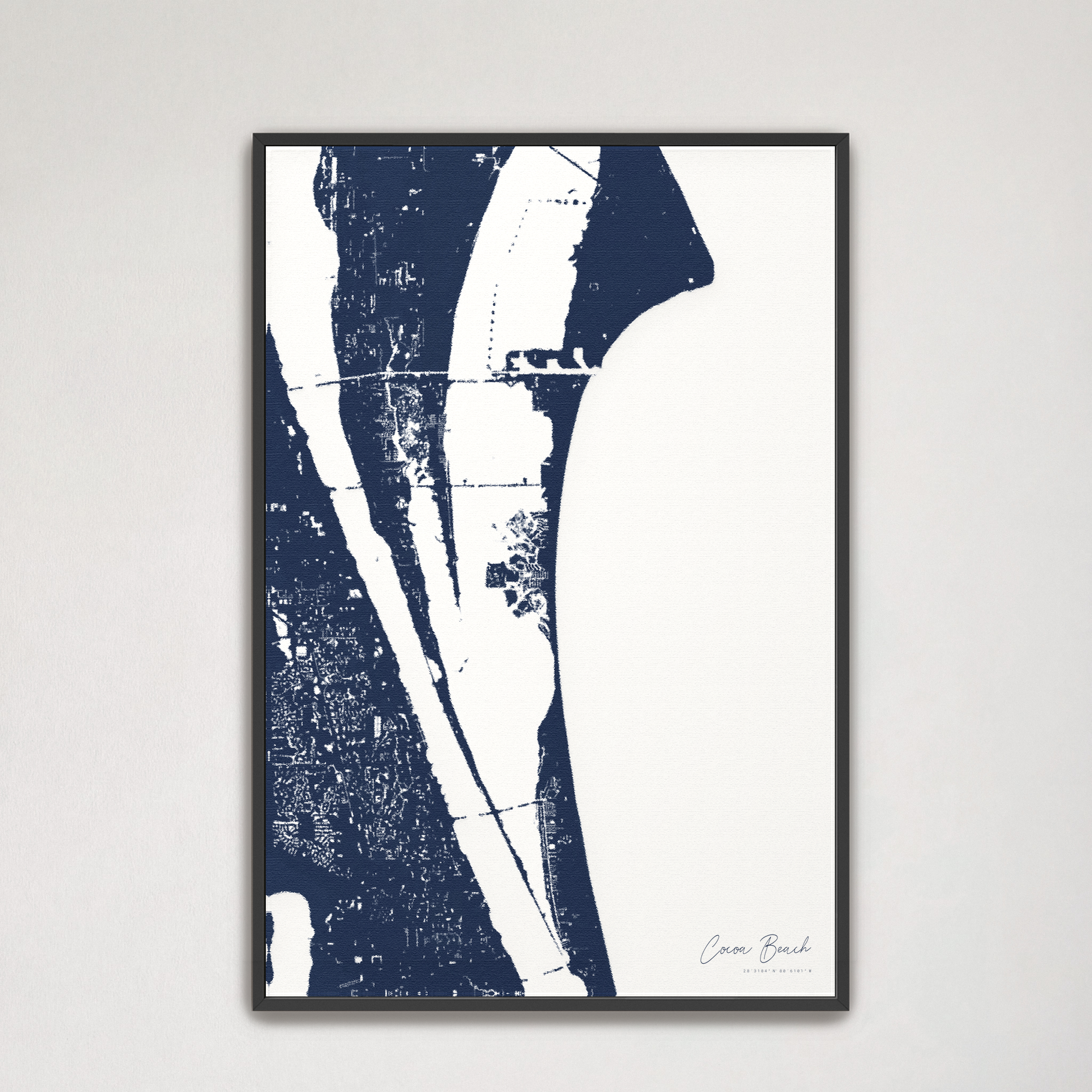 Cocoa Beach Coastal Map — Canvas Vertical, navy, Black Frame