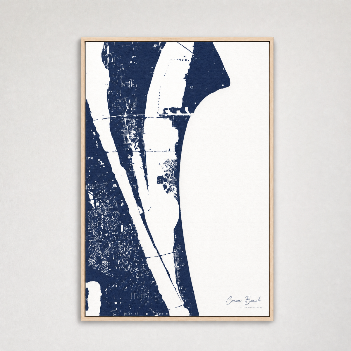 Cocoa Beach Coastal Map — Canvas Vertical — navy, Light Wood