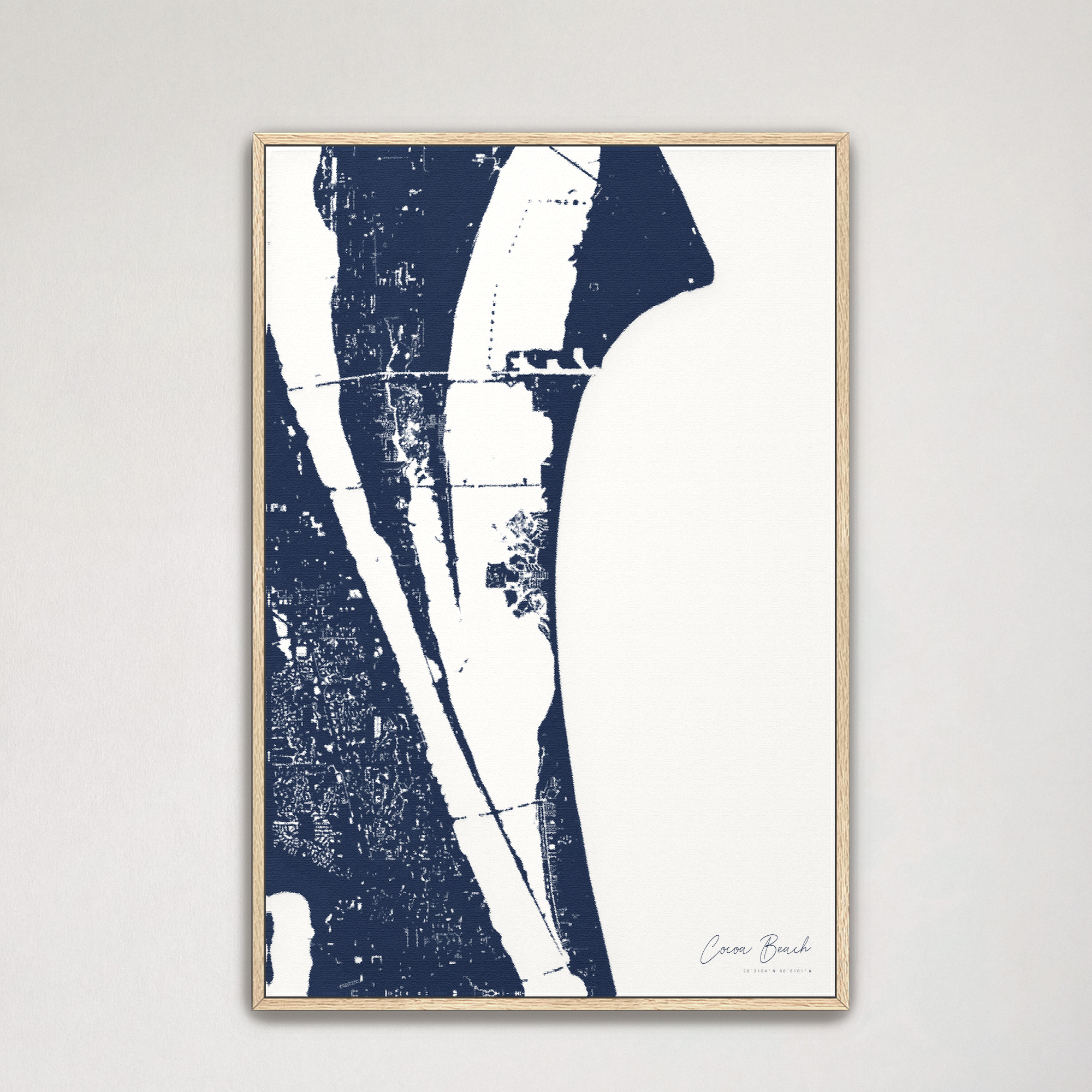 Cocoa Beach Coastal Map — Canvas Vertical, navy, Natural Oak