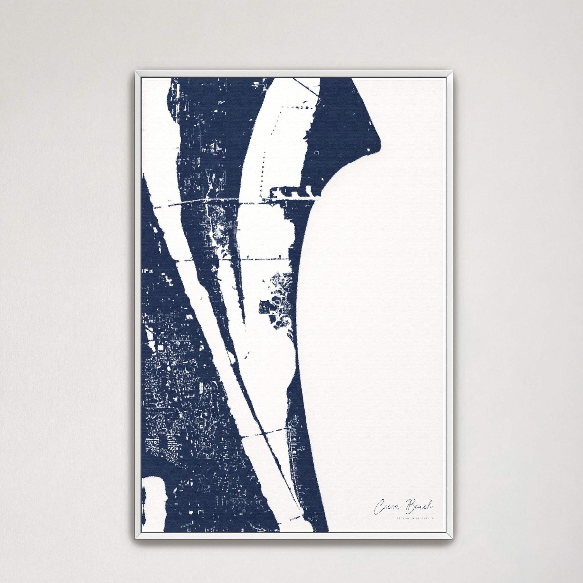 Cocoa Beach Coastal Map — Canvas Vertical, navy, White Frame