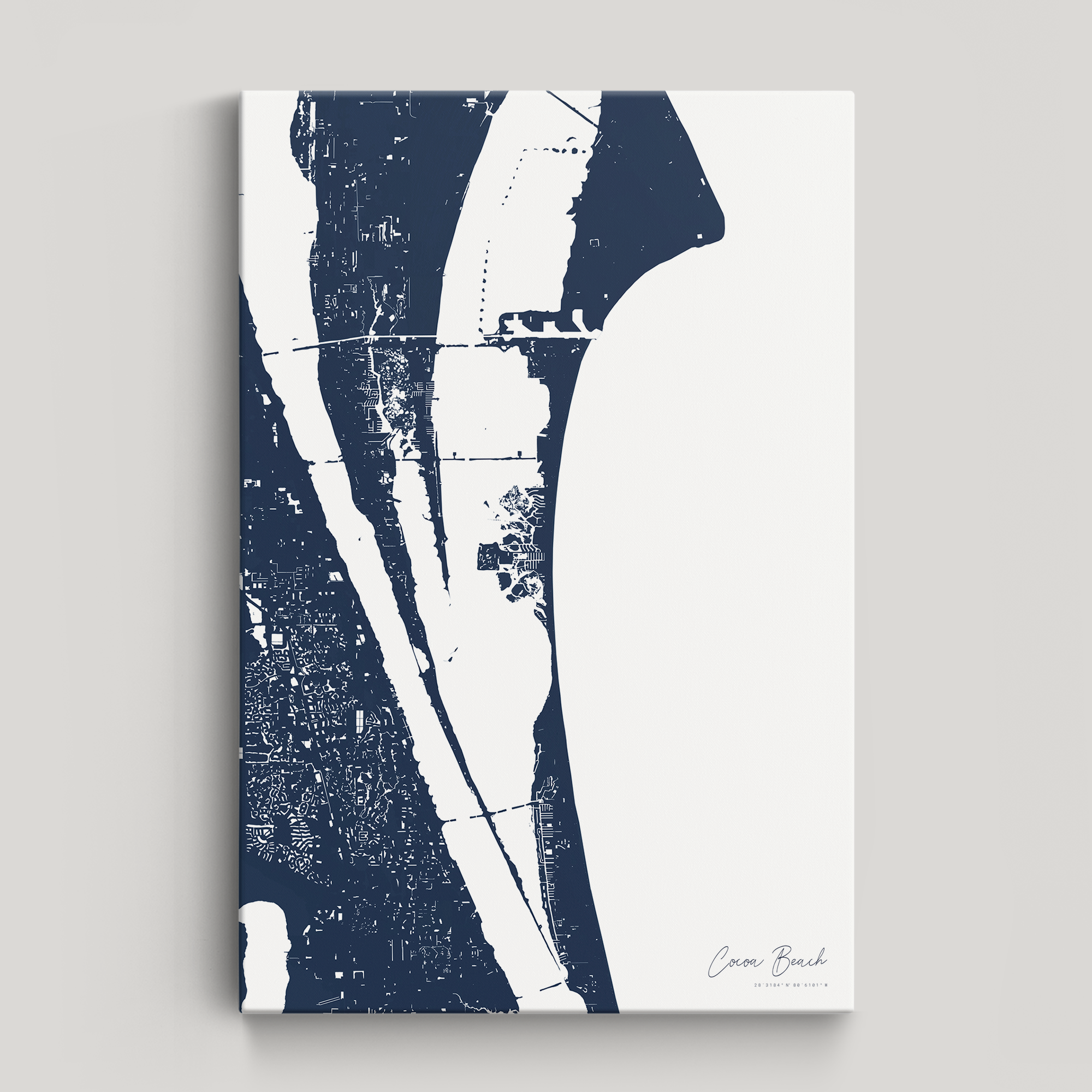 Cocoa Beach Coastal Map — Canvas Vertical, navy, No Frame