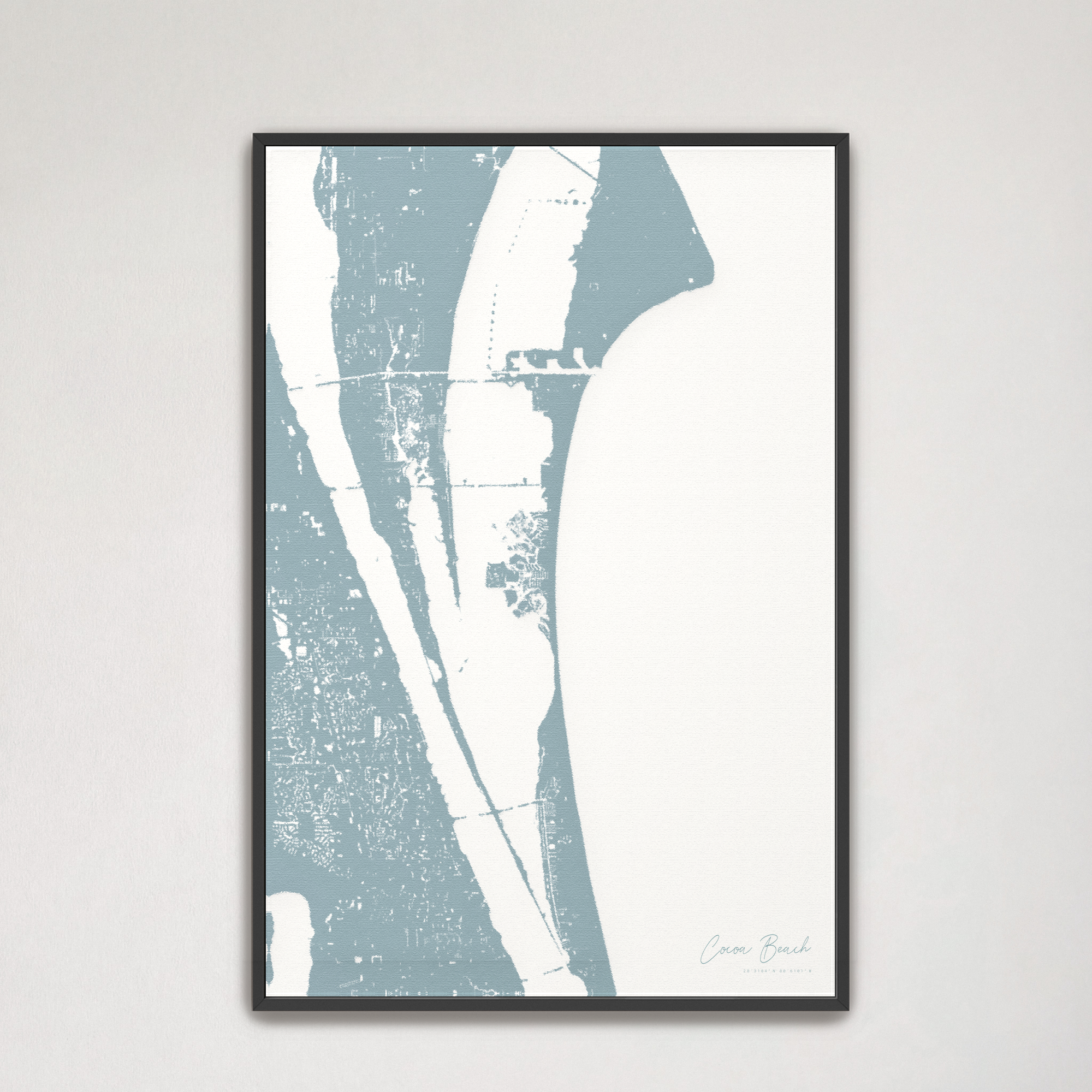 Cocoa Beach Coastal Map — Canvas Vertical, soft-blue, Black Frame