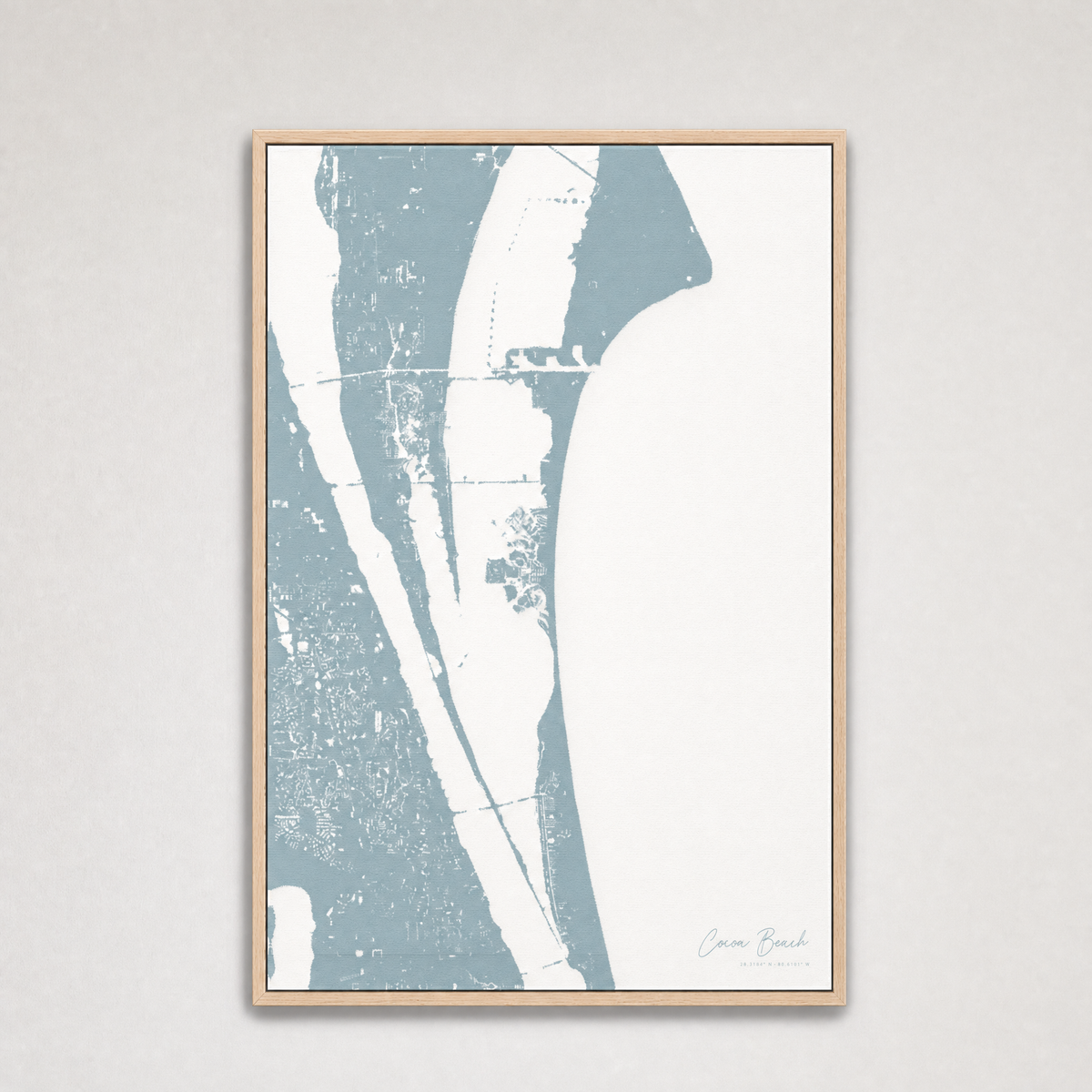 Cocoa Beach Coastal Map — Canvas Vertical — soft-blue, Light Wood