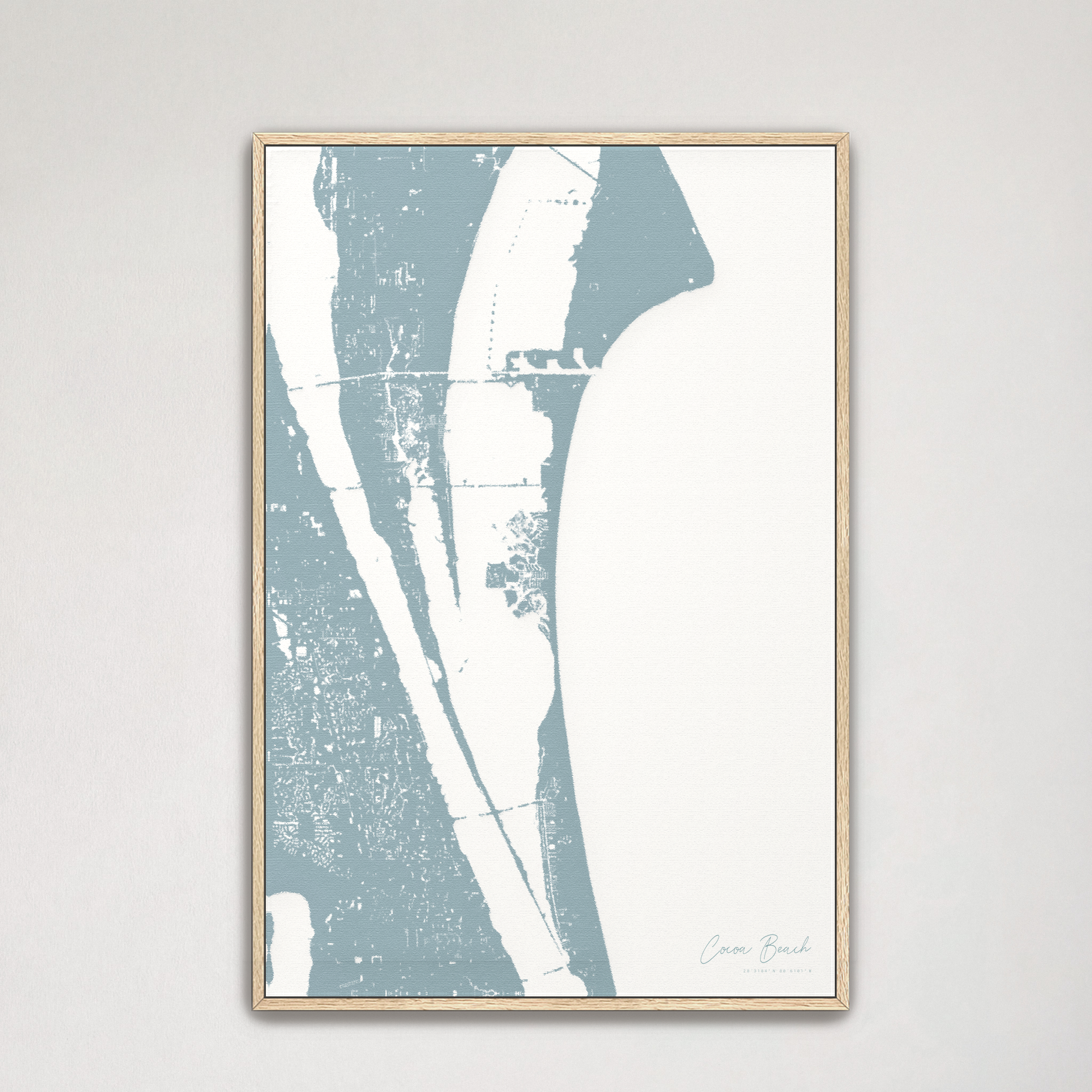 Cocoa Beach Coastal Map — Canvas Vertical, soft-blue, Natural Oak