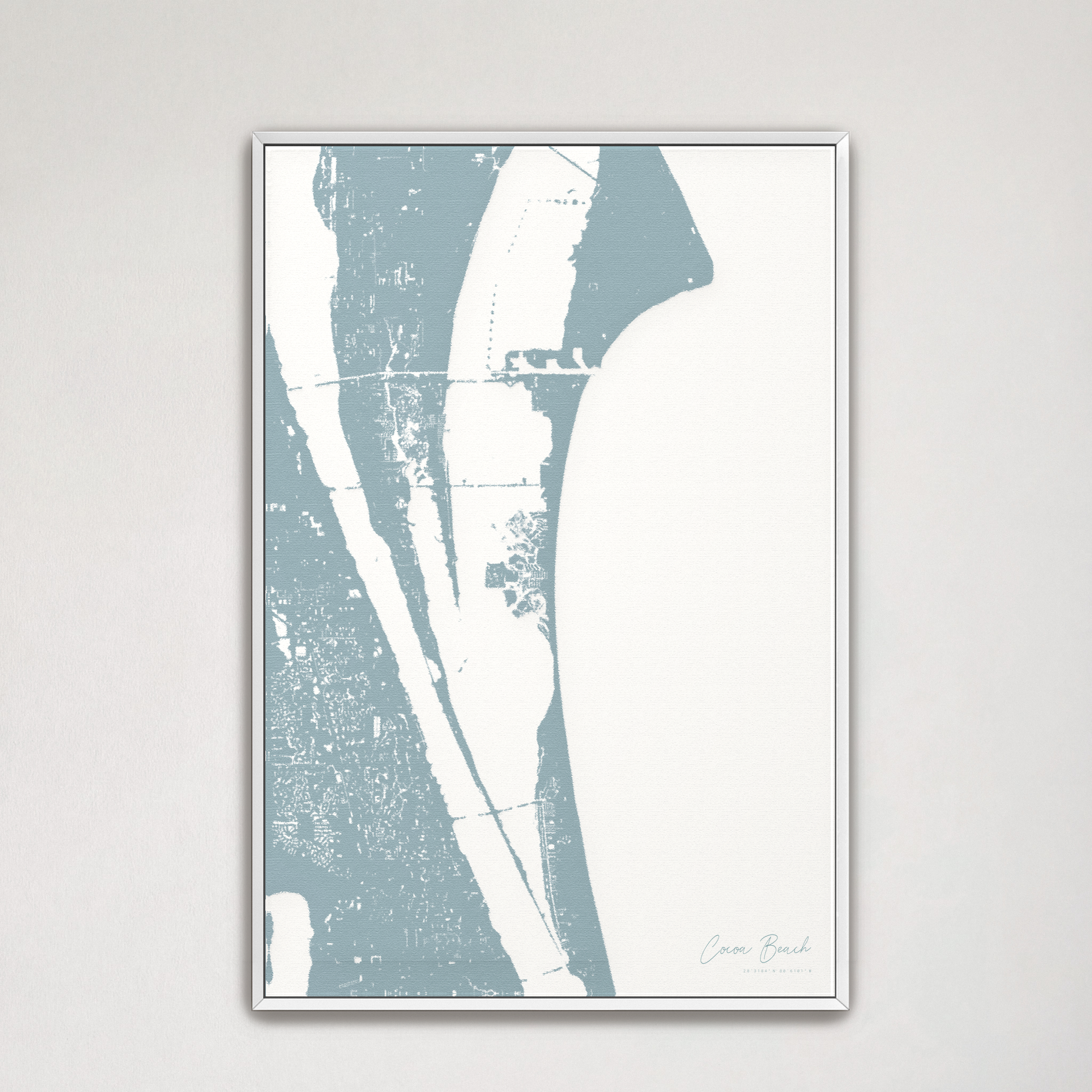 Cocoa Beach Coastal Map — Canvas Vertical, soft-blue, White Frame
