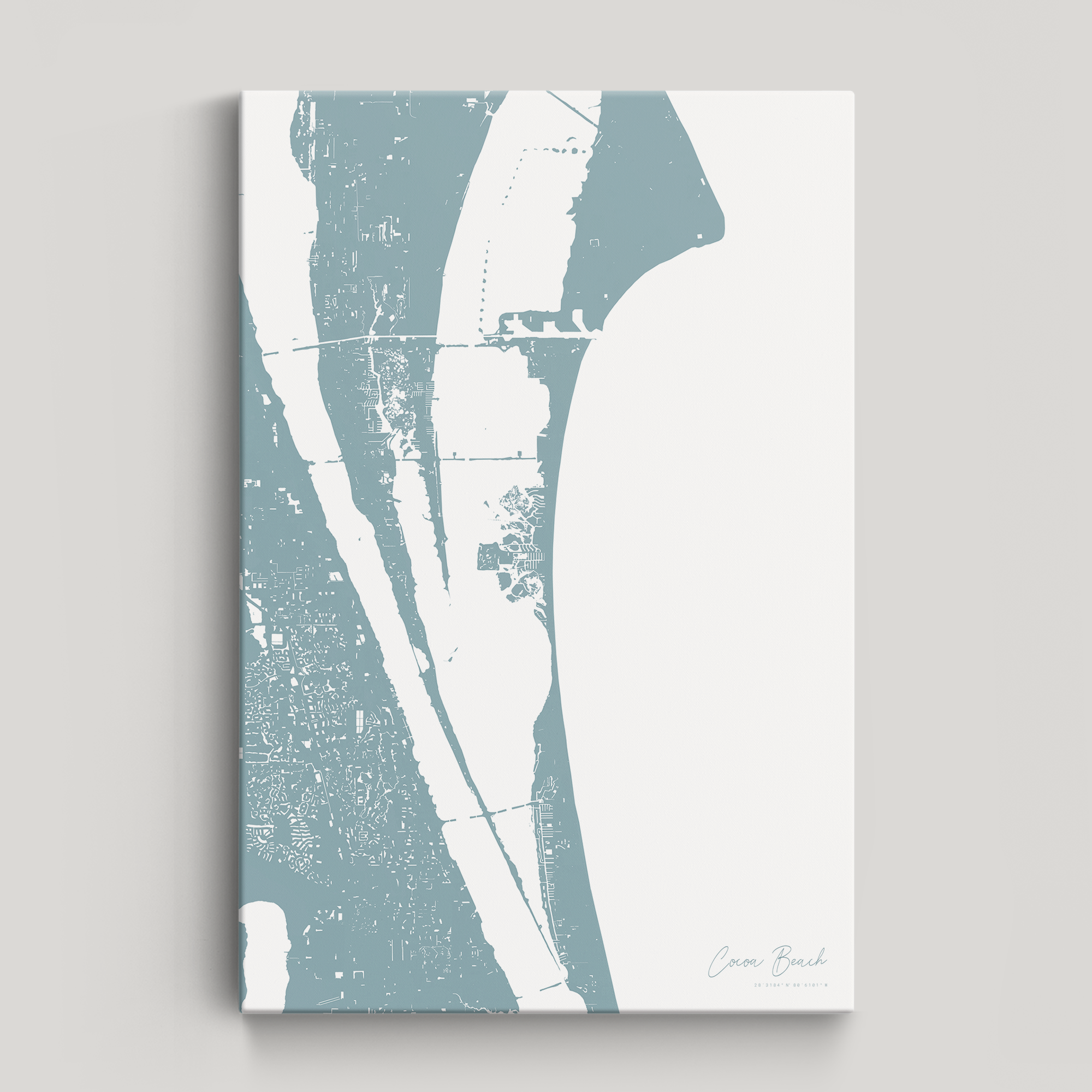 Cocoa Beach Coastal Map — Canvas Vertical, soft-blue, No Frame