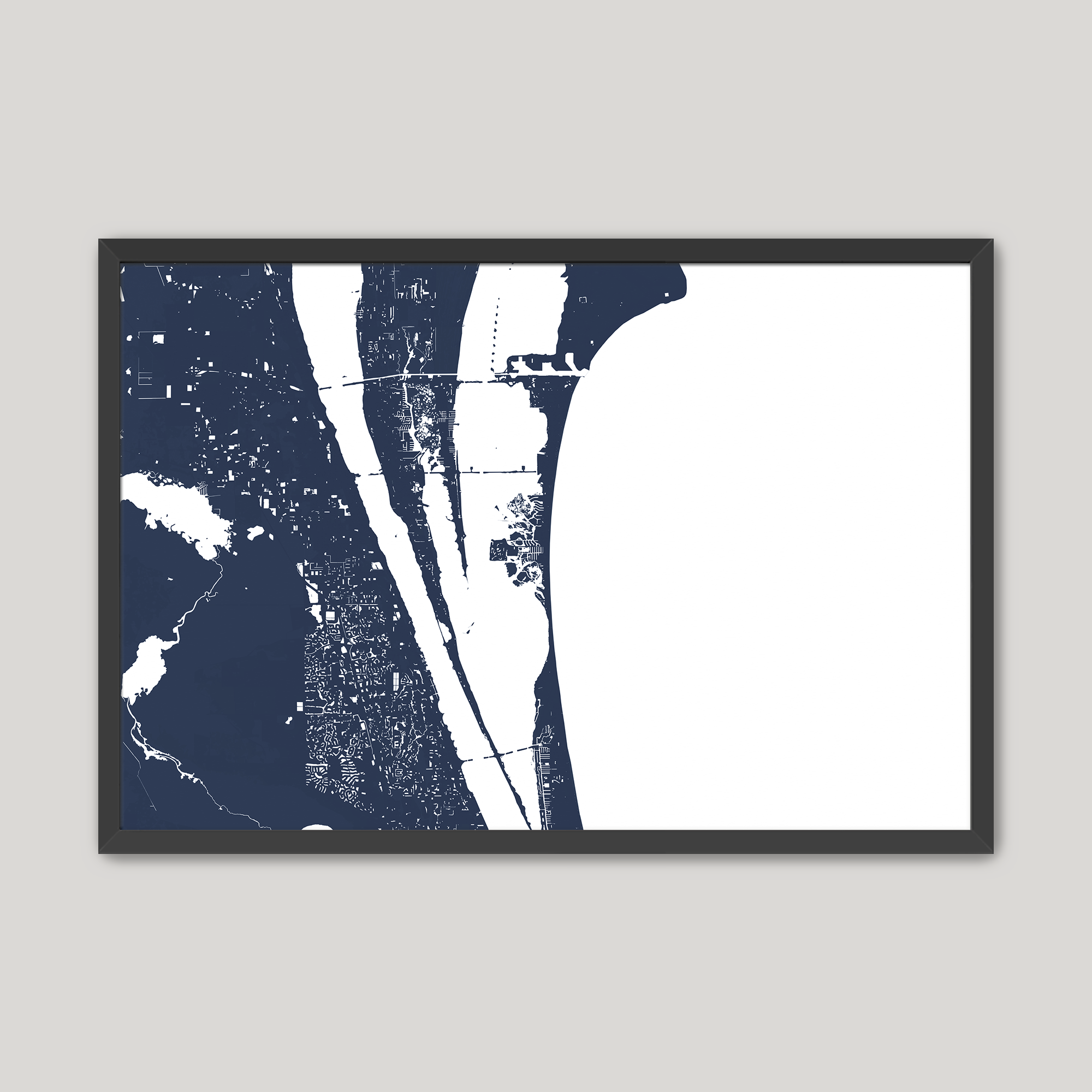 Cocoa Beach Coastal Map — Fine Art Print Horizontal, navy, Black Frame, 10x8