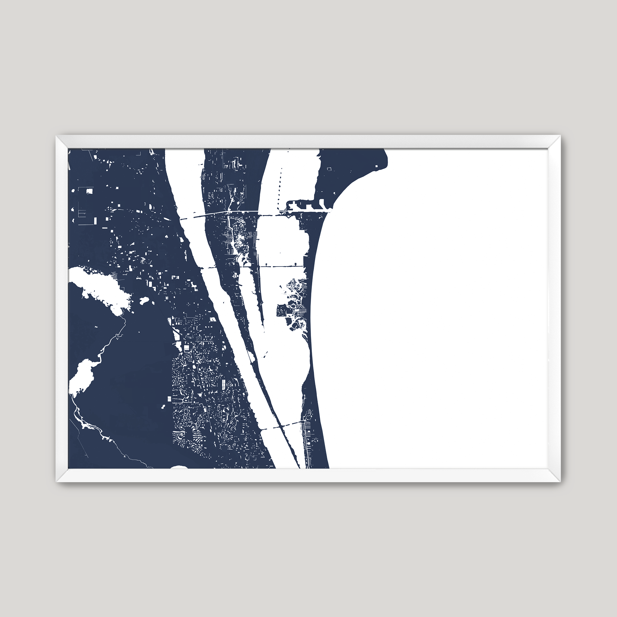 Cocoa Beach Coastal Map — Fine Art Print Horizontal, navy, White Frame, 10x8