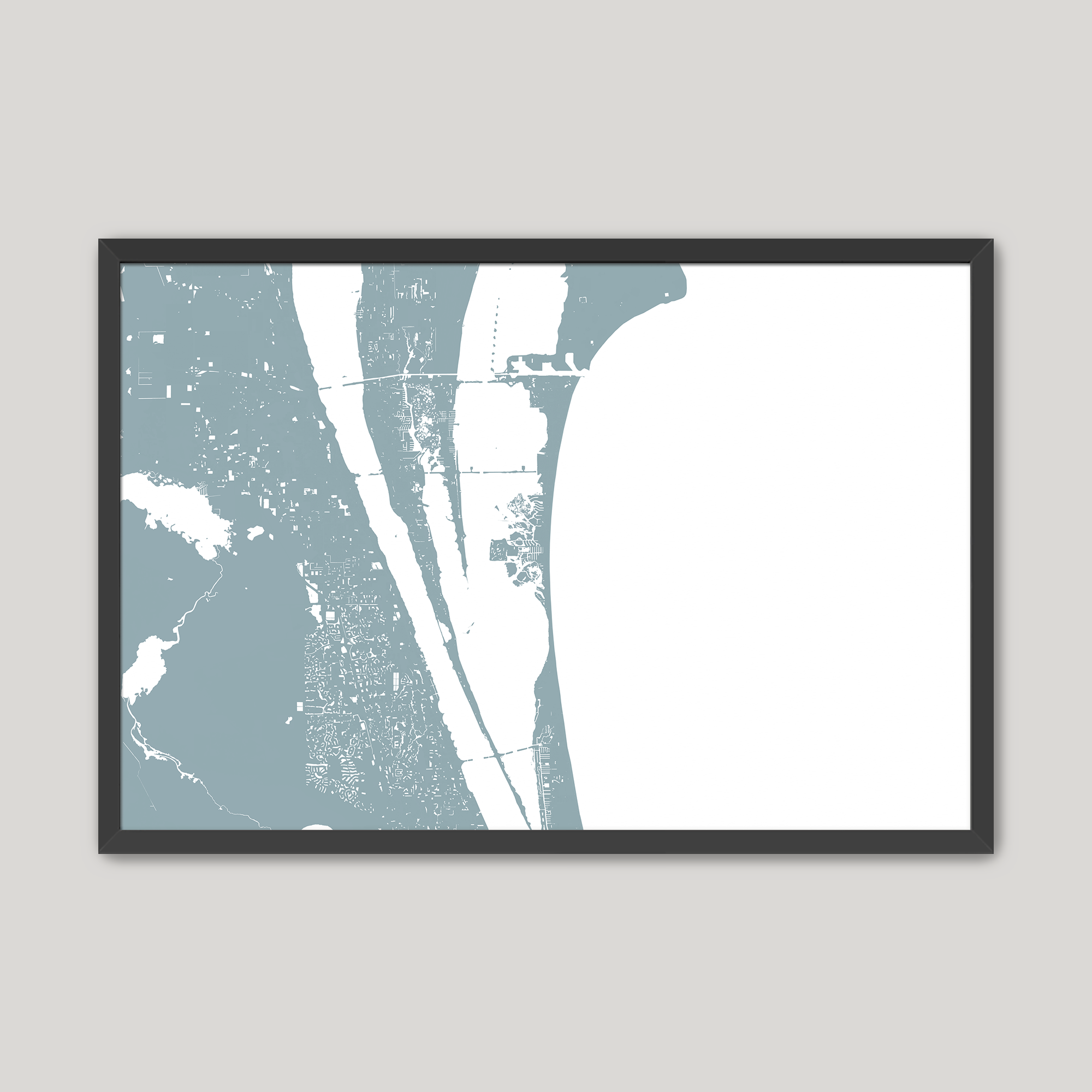 Cocoa Beach Coastal Map — Fine Art Print Horizontal, soft-blue, Black Frame, 10x8
