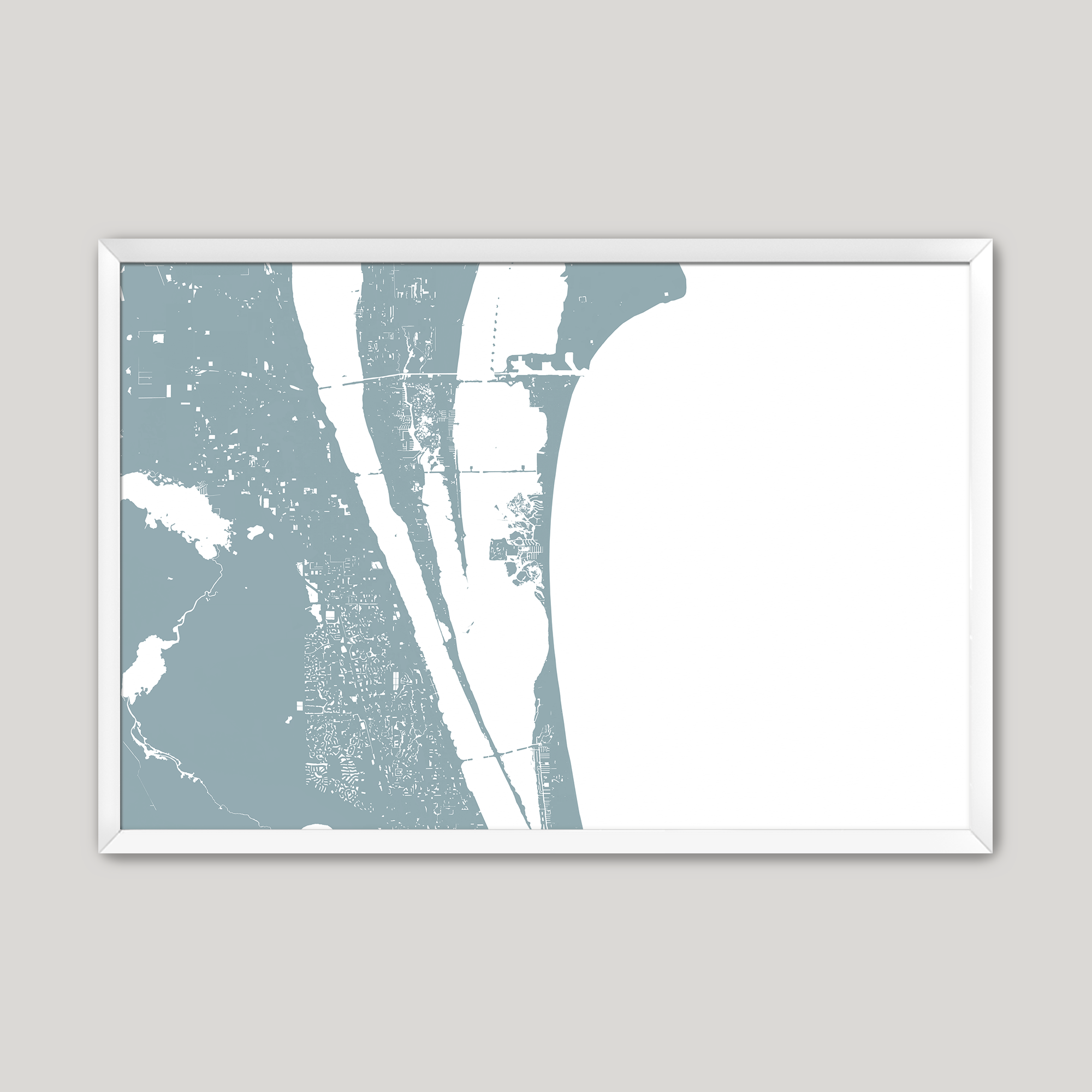 Cocoa Beach Coastal Map — Fine Art Print Horizontal, soft-blue, White Frame, 10x8