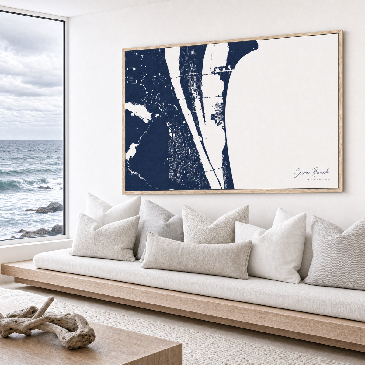Cocoa Beach canvas map — sea-view bench interior