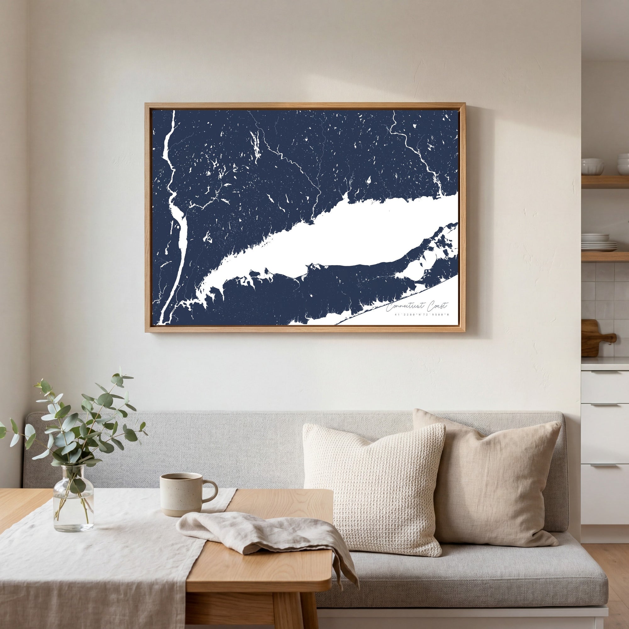 Connecticut Coast navy horizontal canvas map in an oak framed room scene