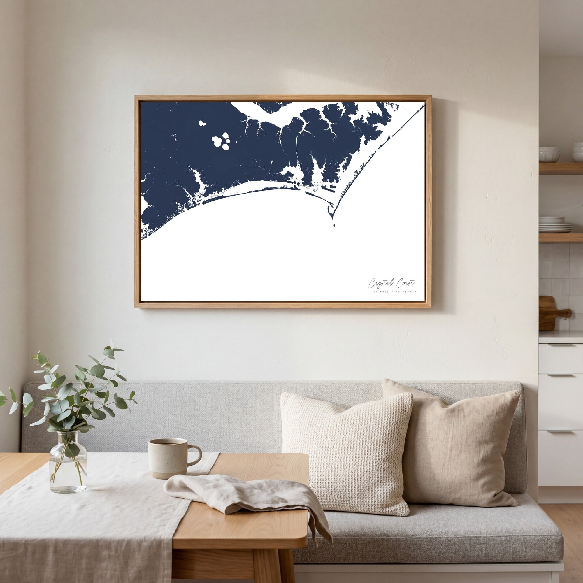Crystal Coast navy horizontal canvas map in an oak framed room scene