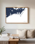 Crystal Coast navy horizontal canvas map in an oak framed room scene