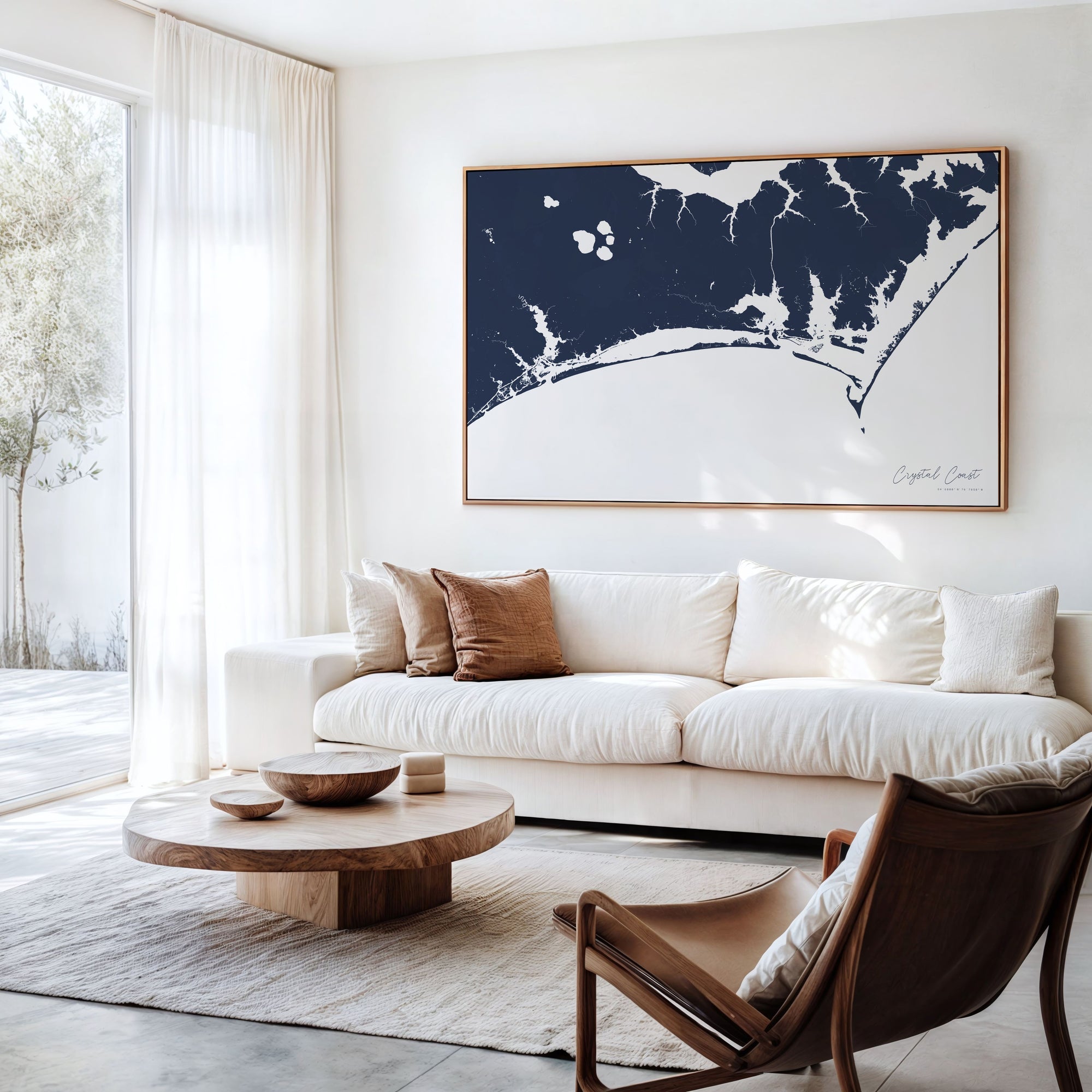 Crystal Coast navy horizontal canvas map in an oak framed room scene