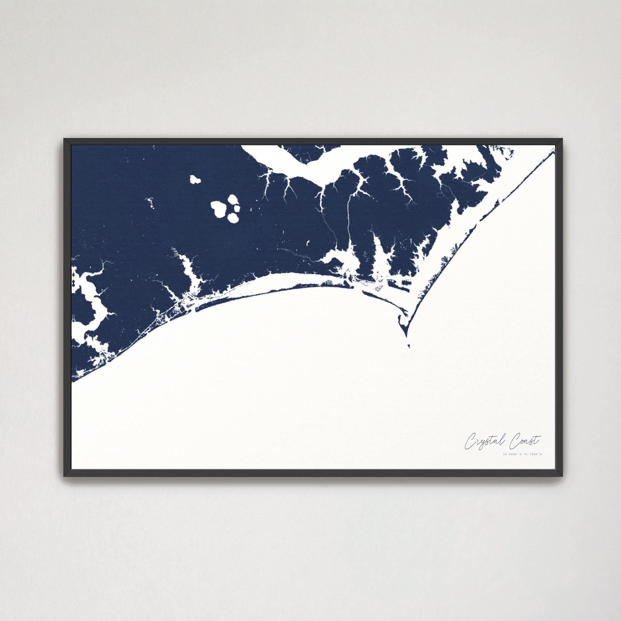 Crystal Coast / Emerald Isle Coastal Map — Canvas Horizontal, navy, Black Frame