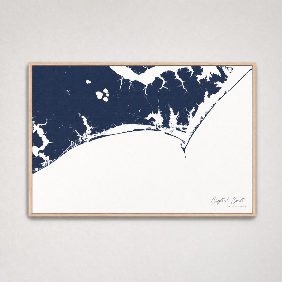 Crystal Coast / Emerald Isle Coastal Map — Canvas Horizontal — navy, Light Wood