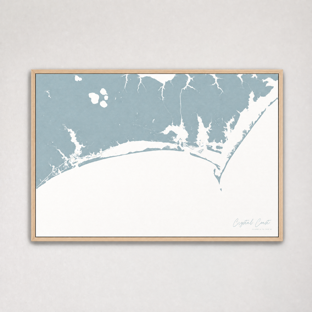 Crystal Coast / Emerald Isle Coastal Map — Canvas Horizontal — soft-blue, Light Wood