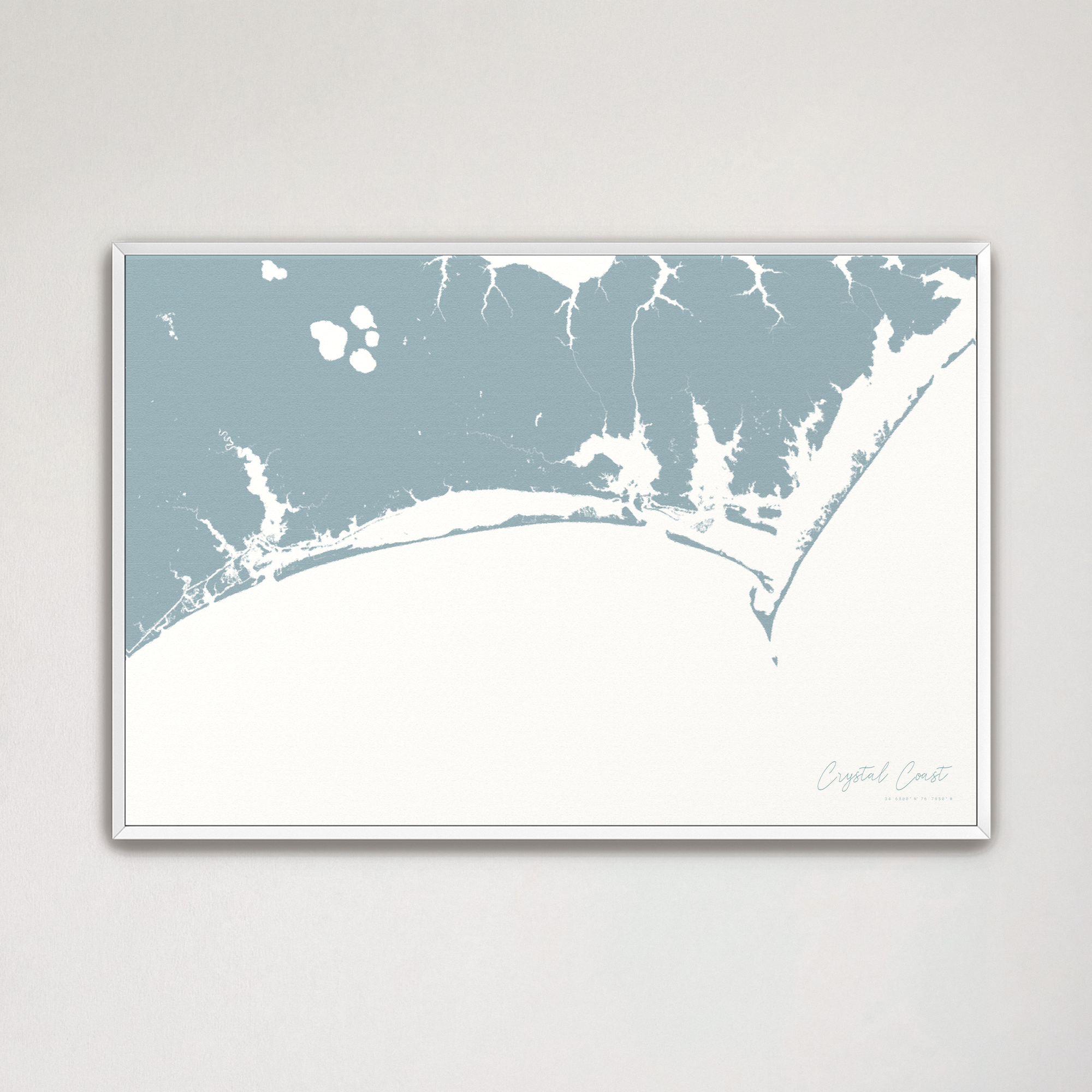 Crystal Coast / Emerald Isle Coastal Map — Canvas Horizontal, soft-blue, White Frame