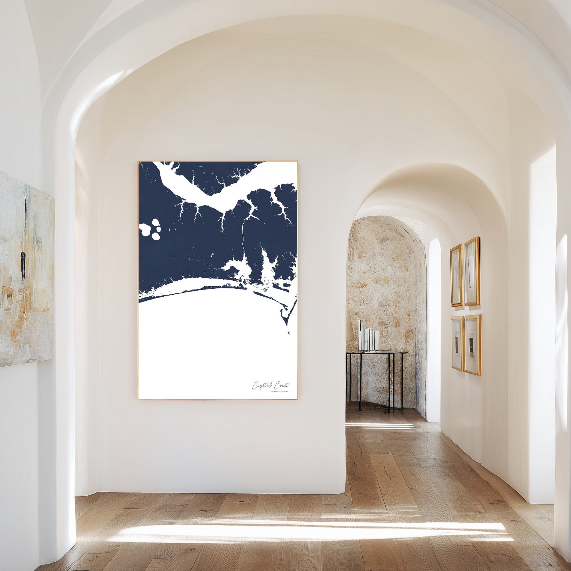 Crystal Coast navy vertical canvas map in the Bello mixed room scene