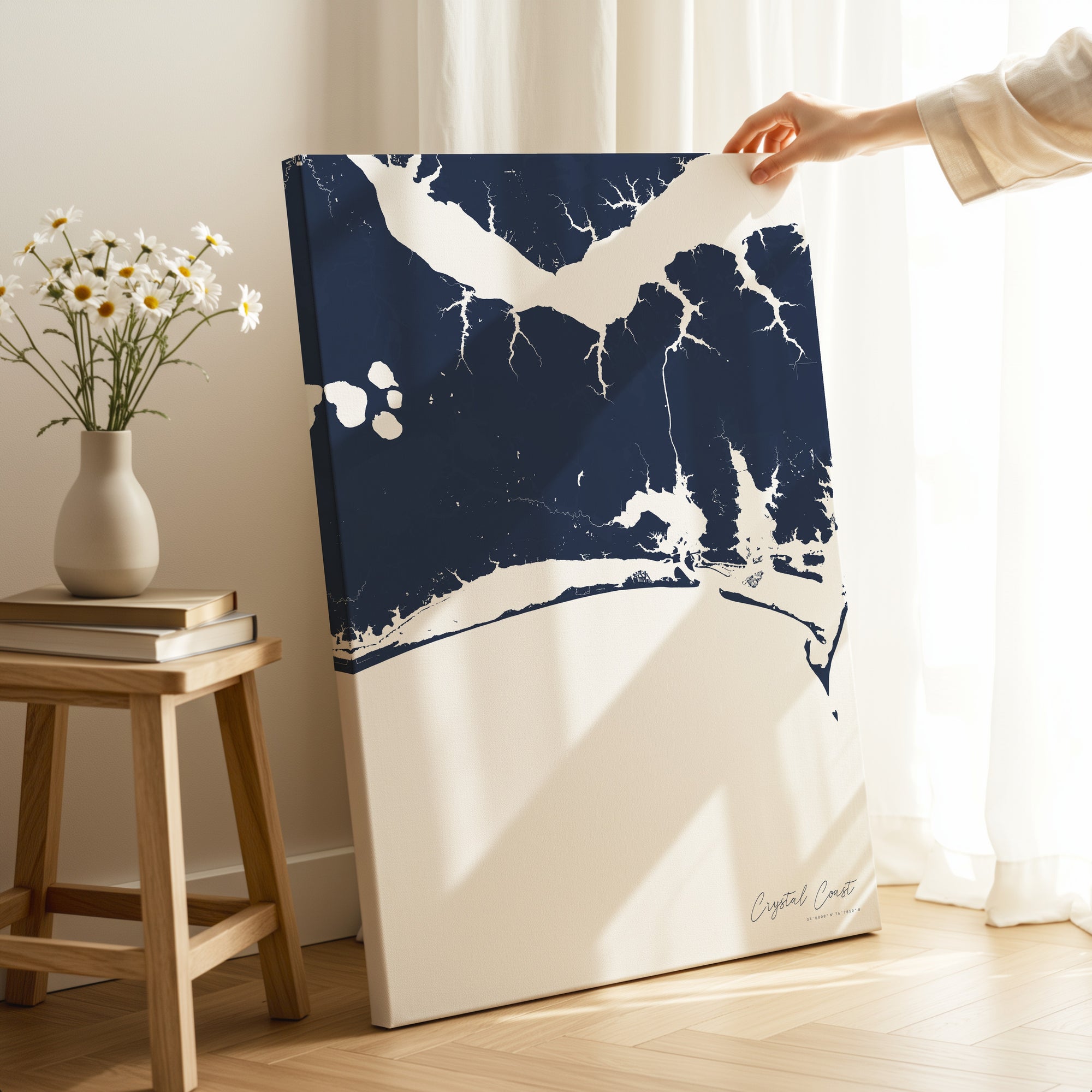 Crystal Coast navy vertical wrapped canvas map in the ratio 2:3 hand mockup