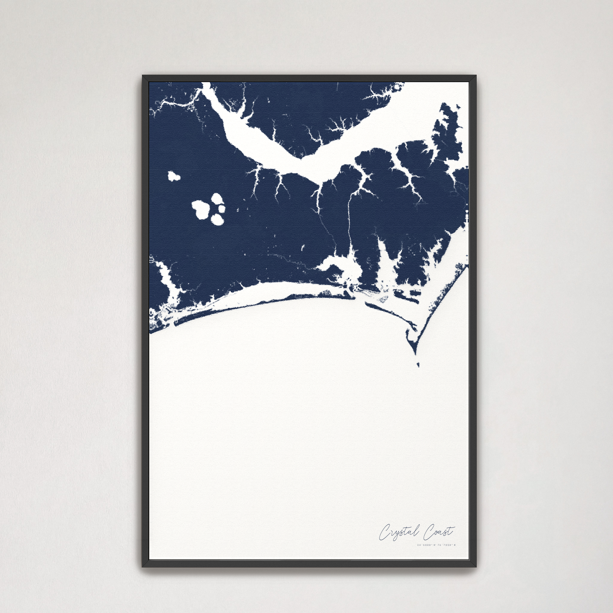Crystal Coast / Emerald Isle Coastal Map — Canvas Vertical, navy, Black Frame