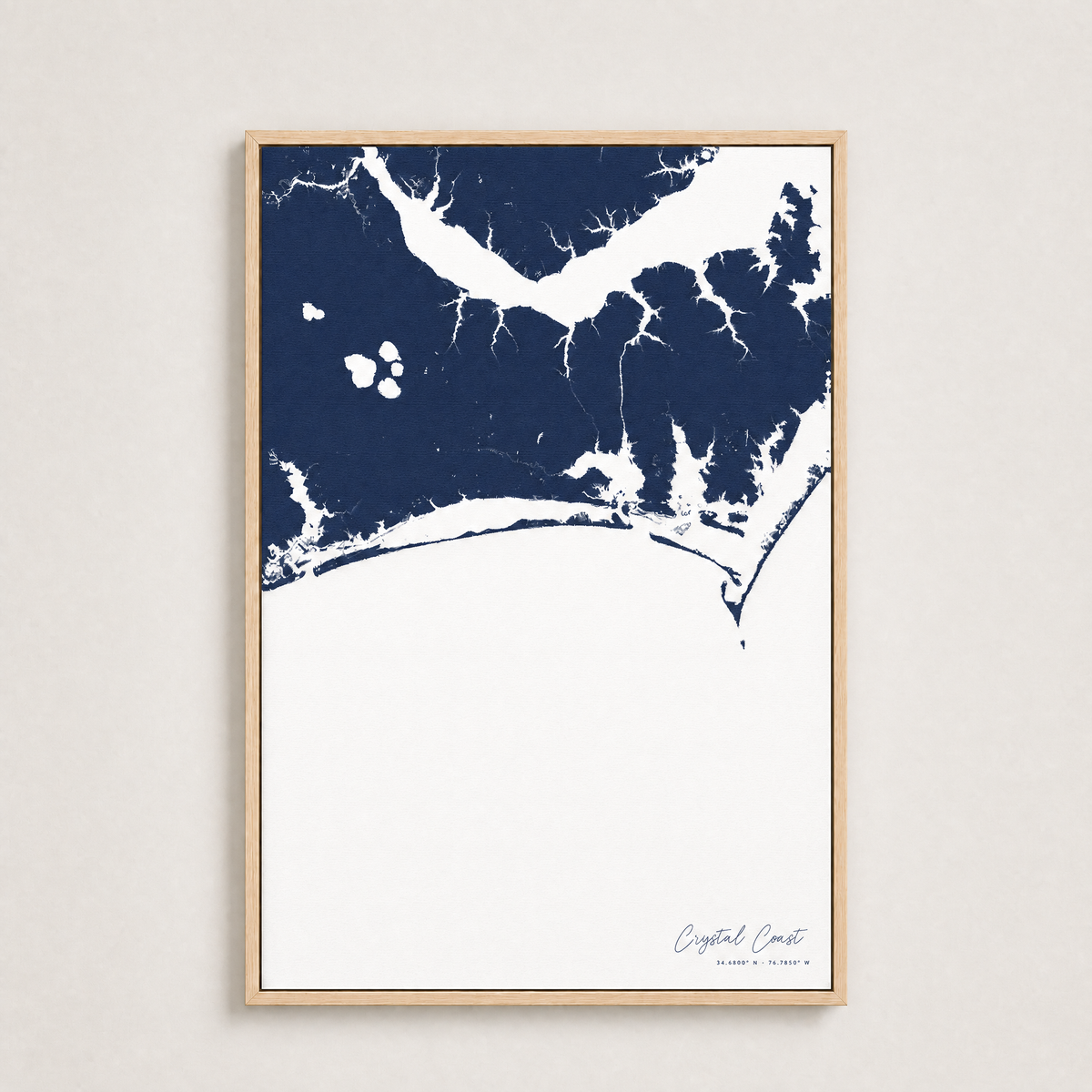 Crystal Coast / Emerald Isle Coastal Map — Canvas Vertical — navy, Light Wood